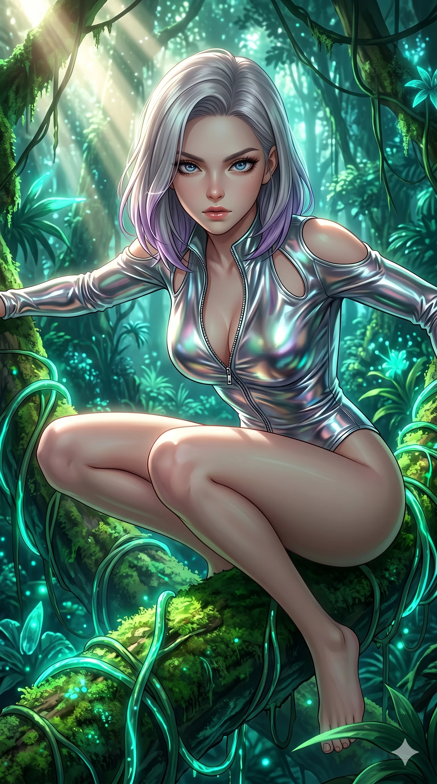 score_9, masterpiece, best quality, ultra-detailed, high-budget anime keyframe, editorial fashion photography, tasteful artistic composition, Caucasian woman, strictly human ears. Upper body close-up from the thighs up, character filling the screen for maximum presence. She is crouching dynamically on a massive bioluminescent jungle root, wrapped in glowing vines. She leans close to the camera, looking through the foliage with a piercing, animalistic gaze. She has an absolutely perfect 8-heads proportion, an exceptionally tall and slender female figure with impossibly long slender legs and an ultra-slim waist. V-shaped jawline, high-bridge nose, intricate jewel-like eyes with depth, thick eyelashes, glossy lips with a natural sheen. She is wearing a form-fitting top made of molten liquid-mercury fabric that clings to her curves, with strategic tear-drop shoulder cutouts and a dangerously unzipped front collar. The scene is bathed in bright sunbeams filtering through a dense canopy and glowing cyan ambient forest light. 2k, ultra detail, master piece, 9:16 ratio