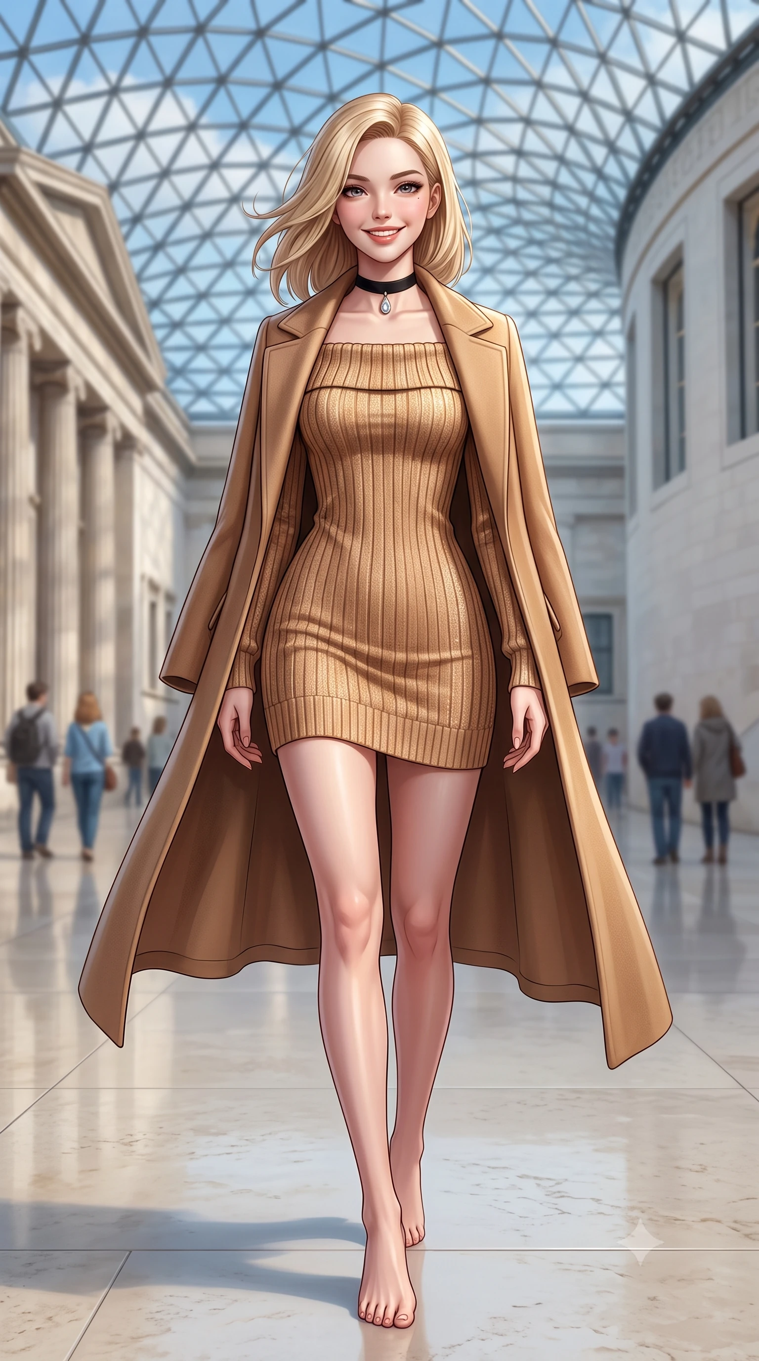 score_9, masterpiece, best quality, ultra-detailed, high-budget anime keyframe, semi-realistic 3D game render, editorial fashion photography, tasteful artistic composition, Korean woman. low angle full-body shot from head to toe showing her feet, filling the entire 9:16 vertical frame with her statuesque presence, stretching her vertical silhouette. pausing along the promenade and turning back toward the camera with an infectious, delightful smile, her form-fitting silhouette highlighting her curvy hips and slim waist while stepping gracefully across the vast limestone courtyard floor, her long tailored coat flowing with statuesque elegance. The background shows a soft-focus triangular glass roof lattice patterns against blue autumn sky, neoclassical colonnades, and museum visitors blurred into alabaster, sky blue, and dove grey bokeh. She has an exceptionally tall and slender model-like 8.5-heads proportion, an ultra-slim waist, a flat toned midriff, narrow delicate ribcage, and beautifully sculpted feminine hips creating a graceful, slim hourglass silhouette without any bulky heaviness, with impossibly long slender legs. sharp v-shaped jawline, high-bridge nose, intricate jewel-like sparkling eyes with depth, thick eyelashes, glossy parted lips with a natural peach sheen, bright cheerful beaming smile with an enchanting and coquettish sensual glint, exuding both youthful cute charm and seductive allure, flawlessly proportioned anatomical accuracy, strict slender model proportions, natural body alignment, perfectly sculpted long slender limbs, ultra-slim waistline, clean dynamic posture without body distortion. wearing a snug off-the-shoulder thick ribbed knit sweater dress in warm camel clinging to her hourglass contours in warm winter cinnamon and toasted caramel, woven from stretch metallic lurex knit casting subtle luminous champagne glints across her contours, finished with a narrow velvet neck ribbon and a sparkling teardrop crystal pendant, the snug waist-cinching tailoring accentuating her ultra-slim waistline and the enchanting curve of her feminine hips with alluring seductive charm. illuminated by pale stone reflection bounce and sharp platinum rim lights sculpting her jawline, narrow waist, and statuesque proportions. highly saturated vibrant anime colors, detailed shading with soft gradients, rich glossy textures, high-contrast stereoscopic depth, volumetric dynamic lighting, master piece, 9:16 ratio