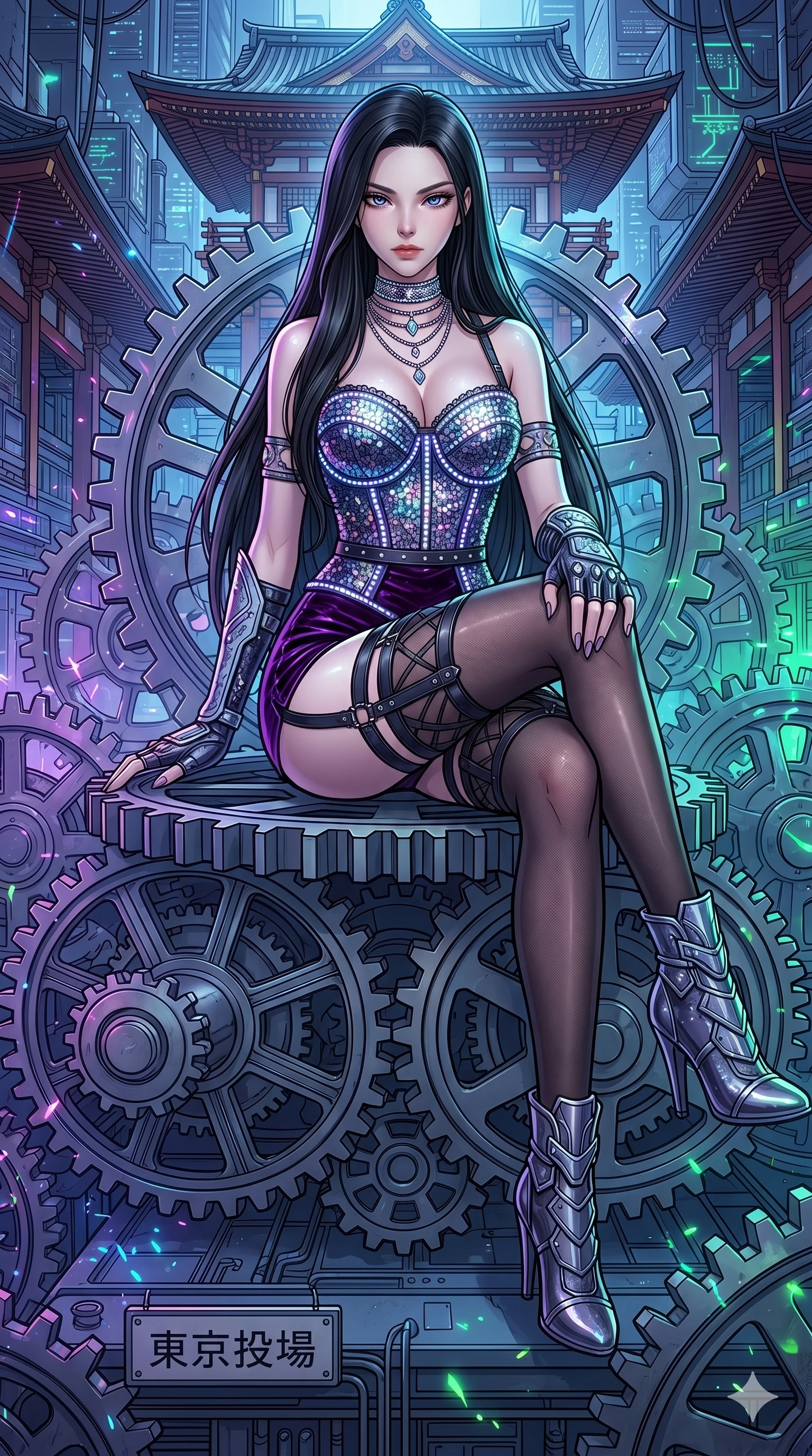 score_9, masterpiece, best quality, ultra-detailed, high-budget anime movie keyframe, cinematic anime lighting, intricate line art, Japanese woman. Dynamic full-body shot stretching the vertical silhouette across the 9:16 frame. resting on a throne of gears in a cyber-temple in Neo-Tokyo in a storm of sparks. She has an absolutely perfect 8-heads proportion, an exceptionally tall and slender female figure with an ultra-slim waist and impossibly long slender legs. sharp v-shaped jawline, high-bridge nose, intricate jewel-like eyes, thick eyelashes, glossy lips. Wearing luxurious K-pop idol stage outfit featuring a sparkling sequined corset, high-cut velvet shorts, and sheer silk stockings with garter belts, accessorized with crystal chokers. The scene is illuminated by dramatic atmospheric lighting and vibrant color palettes. , 2k, ultra detail, master piece, 9:16 ratio