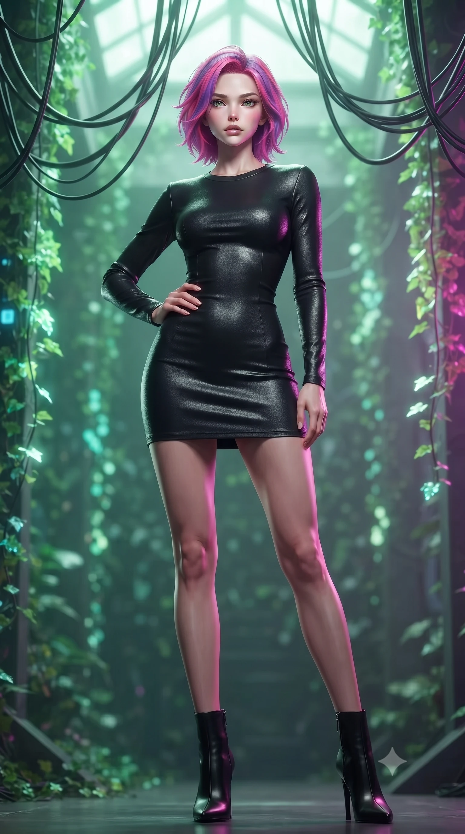score_9, masterpiece, best quality, ultra-detailed, high-budget anime keyframe, editorial fashion photography, tasteful artistic composition, Caucasian woman. low angle full-body shot from head to toe showing her feet, filling the entire 9:16 vertical frame with her statuesque presence, stretching her vertical silhouette. posing confidently with one hand on her hip, stretching her statuesque body to emphasize her curves the background shows a soft-focus a cybernetic greenhouse loft with hanging cables intertwined with glowing digital ivy. She has an absolutely perfect, statuesque 8.5-heads proportion, an exceptionally tall and slender model-like female figure with impossibly long slender legs and an ultra-slim waist. sharp v-shaped jawline, high-bridge nose, intricate jewel-like eyes with depth, thick eyelashes, glossy lips with a natural sheen. wearing a slim-fit form-fitting black bodycon dress in structured crepe fabric with a simple crew neck. soft bioluminescent green light blending with neon magenta key light. ultra-reflective glossy finish, specular highlights, metallic sheen, high-contrast stereoscopic depth, volumetric dynamic lighting, 2k, ultra detail, master piece, 9:16 ratio
