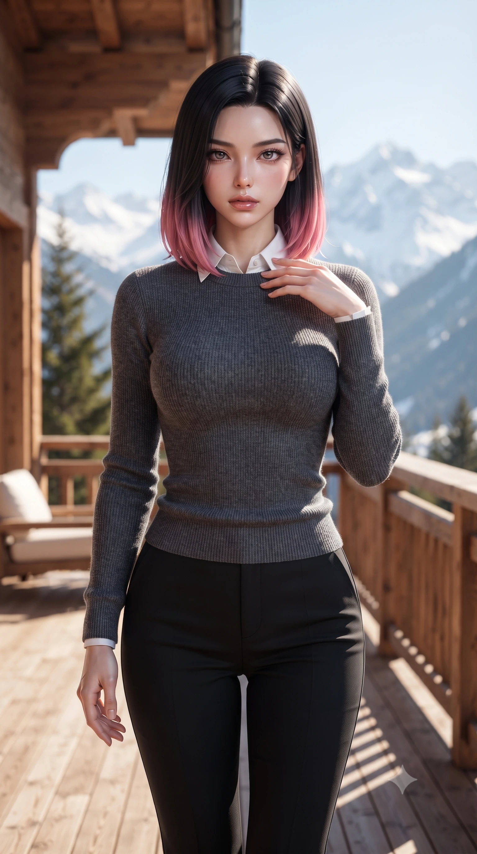 score_9, masterpiece, best quality, ultra-detailed, high-budget anime keyframe, editorial fashion photography, tasteful artistic composition, Korean woman woman. close-up cowboy shot from the waist and thighs up, the character dominates the composition, filling the frame with her large presence, background elements kept in soft focus. standing with one hand resting on her collarbone, looking at the viewer with bedroom-eyes the background shows a soft-focus a wooden veranda of a luxury chalet facing majestic snow-capped peaks. She has an exceptionally elegant, slender, and willowy female figure with an ultra-slim waist, a gracefully sculpted slender torso, and a refined silhouette. sharp v-shaped jawline, high-bridge nose, intricate jewel-like eyes with depth, thick eyelashes, glossy lips with a natural sheen. wearing a body-hugging cozy charcoal grey knit sweater over a white collared shirt and black slacks. bright morning alpine sun highlighting the white snow and green pine trees. ultra-reflective glossy finish, specular highlights, metallic sheen, high-contrast stereoscopic depth, volumetric dynamic lighting, 2k, ultra detail, master piece, 9:16 ratio