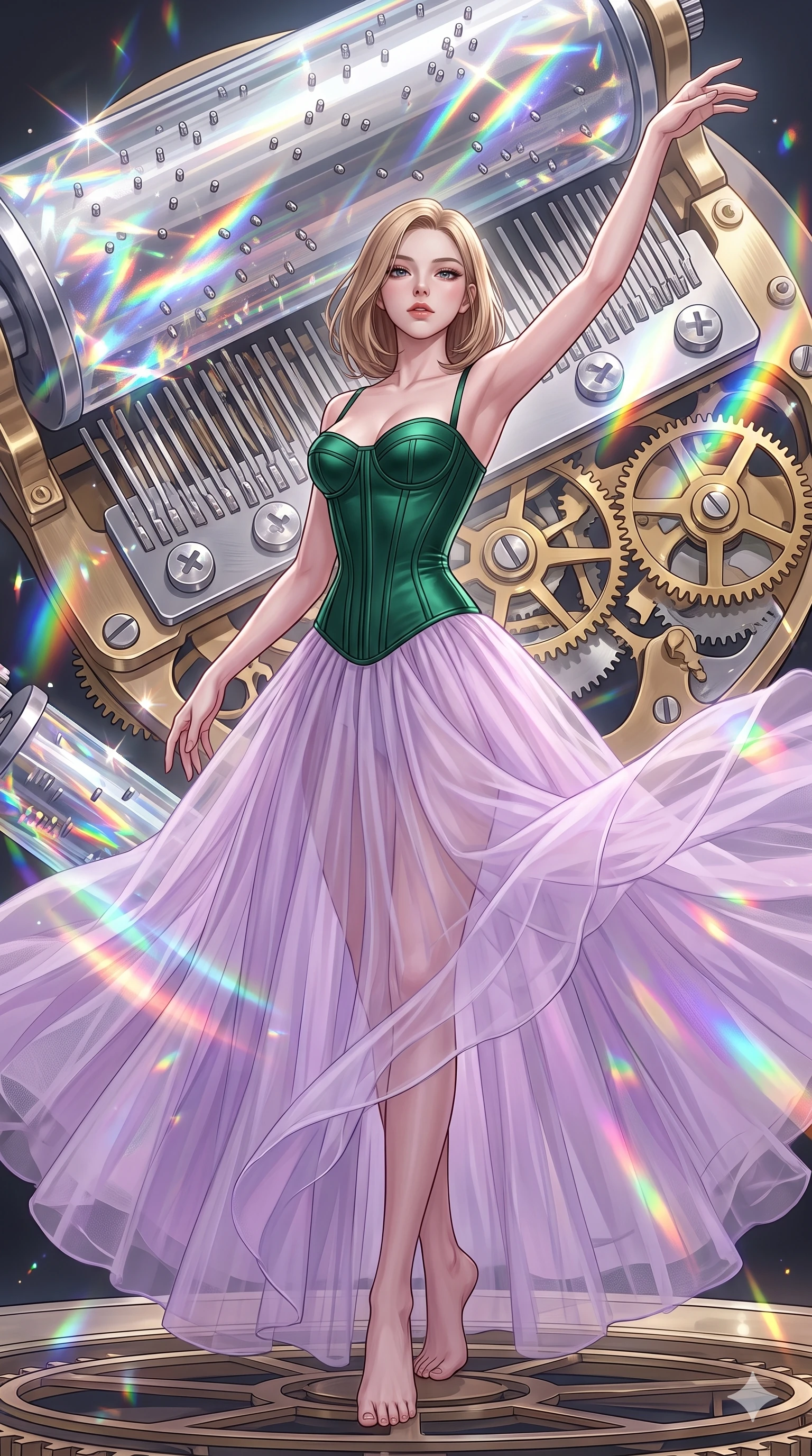 score_9, masterpiece, best quality, ultra-detailed, high-budget anime keyframe, editorial fashion photography, tasteful artistic composition, Korean woman. low angle full-body shot from head to toe showing her feet, filling the entire 9:16 vertical frame with her statuesque presence, stretching her vertical silhouette. twirling with balletic elegance inside inside a giant music box mechanism with rotating crystal cylinders silver pins plucking ethereal melodies and delicate clockwork gears of polished brass turning in perfect synchronization. She has a statuesque 8.5-heads proportion, an exceptionally tall, slender and willowy model-like build with impossibly long legs and a highly sculpted ultra-slim waist. sharp v-shaped jawline, high-bridge nose, intricate jewel-like eyes with depth, thick eyelashes, glossy lips with a natural sheen. wearing a corset-topped gown with visible structured boning in emerald green satin, paired with a floor-length sheer tulle skirt in pastel lavender. sparkling prismatic light refracting through the rotating crystal cylinders casting rainbow patterns that sweep across the space in rhythm with the melody. 2k, ultra detail, master piece, 9:16 ratio