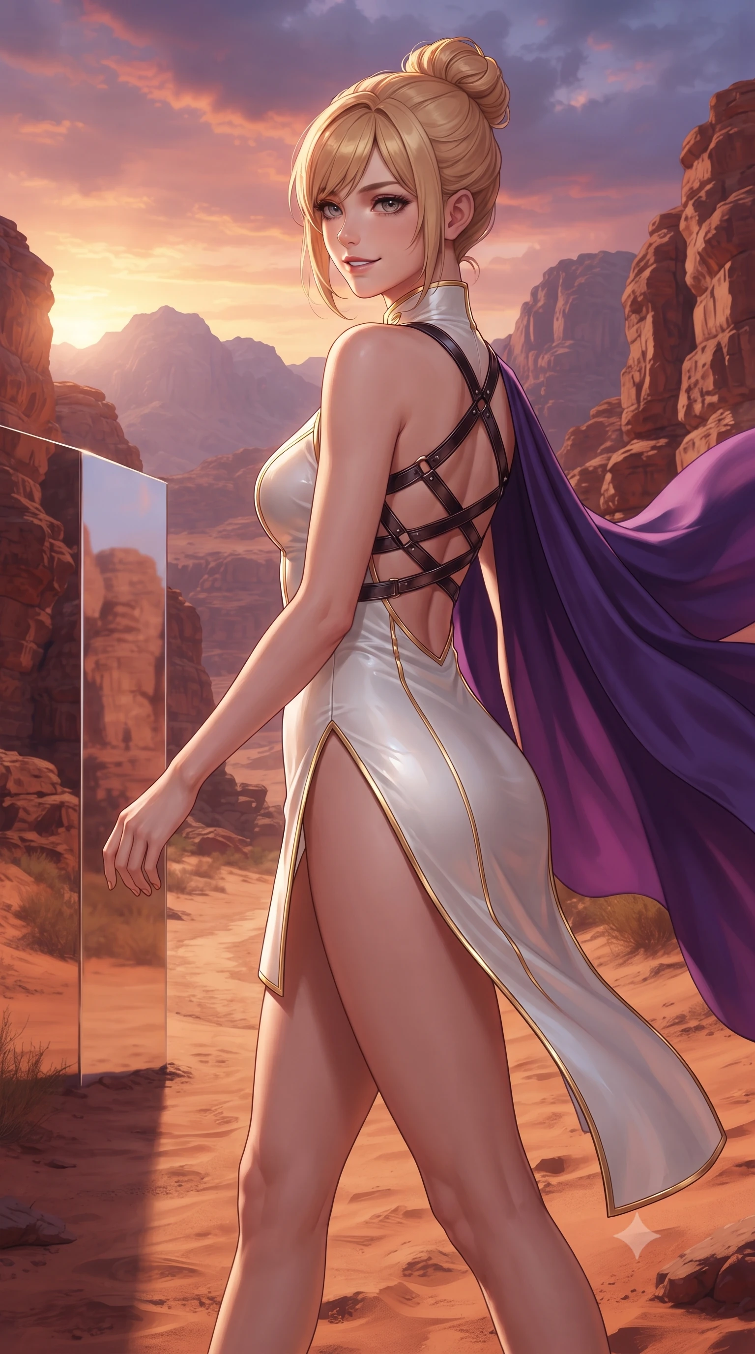 score_9, masterpiece, best quality, ultra-detailed, high-budget anime keyframe, semi-realistic 3D game render, editorial fashion photography, tasteful artistic composition, Caucasian woman. close-up cowboy shot from the waist and thighs up, the character dominates the composition, filling the frame with her large presence. turning over a bare shoulder with an intoxicating, teasing smile, her soft hair framing her sharp jawline as her hips angle gracefully while striding across the desert sand path beside the reflective monolith, her sweeping silk chiffon cape billowing against the red canyon walls. The surrounding environment is rendered in vivid detail and crisp panoramic clarity. detailed couture gown drape, sunset specular sheen on skin, and Saudi canyon horizon clarity in high resolution. She has an exceptionally elegant, slender, and willowy female figure with an ultra-slim waist, flat toned midriff, narrow ribcage, and sculpted feminine hips creating an alluring, slim hourglass silhouette without bulk. sharp v-shaped jawline, high-bridge nose, intricate jewel-like eyes with depth, thick eyelashes, glossy parted lips with a natural sheen, intensely captivating and seductive bedroom-eyes expression, flawlessly proportioned anatomical accuracy, strict slender model proportions, natural body alignment, perfectly sculpted long slender limbs, ultra-slim waistline, clean dynamic posture without body distortion. wearing a modernized cyber-qipao mini dress with an ultra-high side slit ascending to the hip and glowing piping in pure alabaster white and sun-kissed gold, tailored from second-skin aerodynamic stretch vinyl with specular wet sheen, featuring an open-back criss-cross harness strap in dark leather, the glove-like aerodynamic silhouette tightly following the natural contour of her hips and long slender legs with statuesque 8.5-heads elegance. bathed in glorious desert sunset glow in rich shades of molten copper and violet. highly saturated vibrant anime colors, detailed shading with soft gradients, rich glossy textures, high-contrast stereoscopic depth, volumetric dynamic lighting, master piece, 9:16 ratio