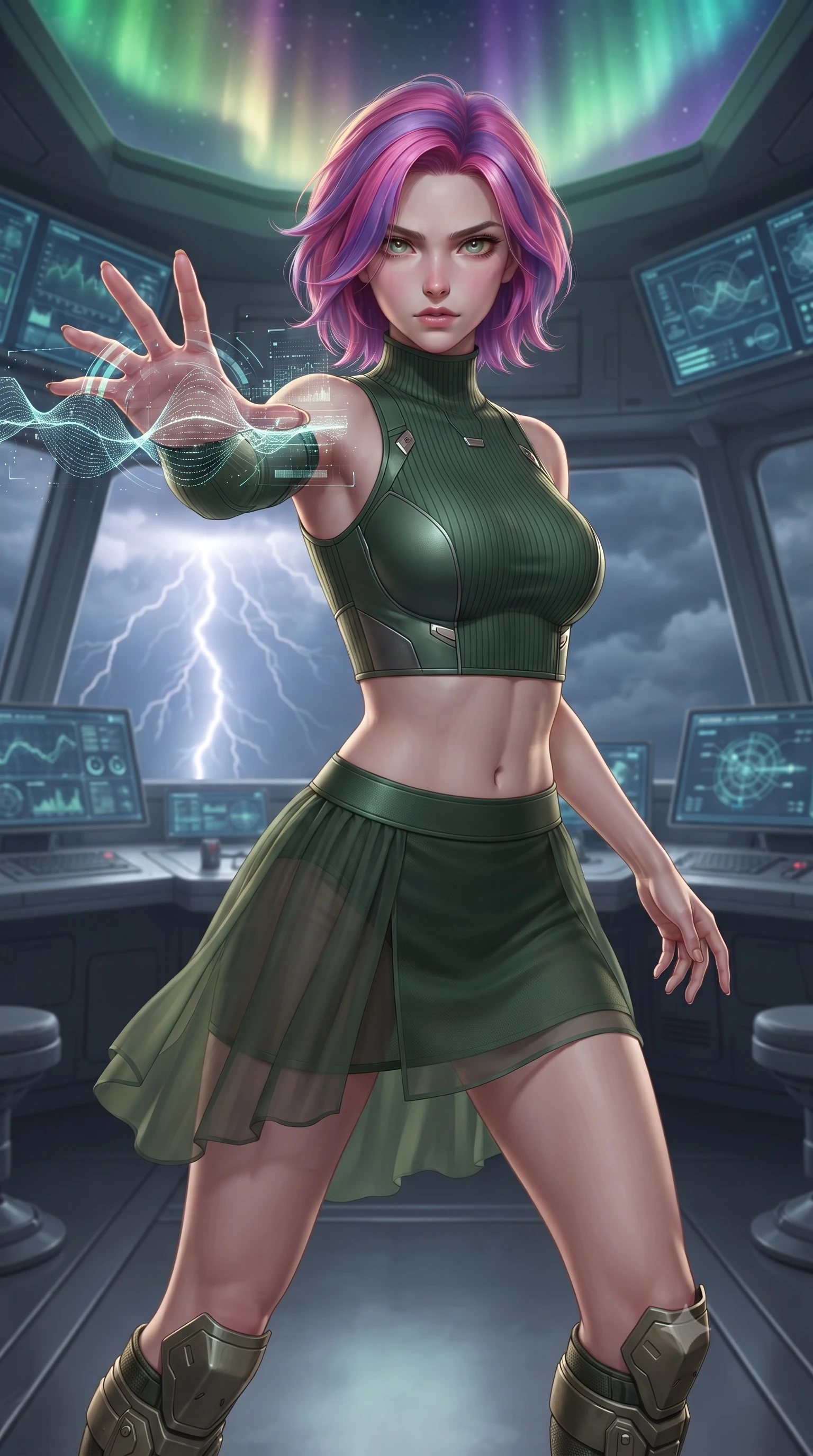 score_9, masterpiece, best quality, ultra-detailed, high-budget anime keyframe, editorial fashion photography, tasteful artistic composition, realistic cosplay photography, Caucasian woman, strictly human ears. close-up cowboy shot from the waist and thighs up, the character dominates the composition, filling the frame with her large presence, background elements kept in soft focus. Casting a digital tracking wave with an outstretched hand, her gaze locked on the escaping target. set against a soft-focus background of a control deck lined with monitoring screens, overseeing a massive lightning storm contained below the cloud deck. She has an exceptionally elegant and slender, willowy female figure with an ultra-slim waist, a gracefully sculpted slender torso, and a refined slim physique. sharp v-shaped jawline, high-bridge nose, intricate jewel-like eyes with depth, thick eyelashes, glossy lips with a natural sheen. wearing tailored for maximum mobility, sleek form-contouring panels that allow fluid movement, a form-contouring high-neck ribbed crop top in forest green, paired with a mini skirt featuring a sheer chiffon overlay revealing her legs. illuminated by a shifting aurora palette of green violet and gold from above. ultra-reflective glossy finish, specular highlights, metallic sheen, high-contrast stereoscopic depth, volumetric dynamic lighting, 2k, ultra detail, master piece, 9:16 ratio
