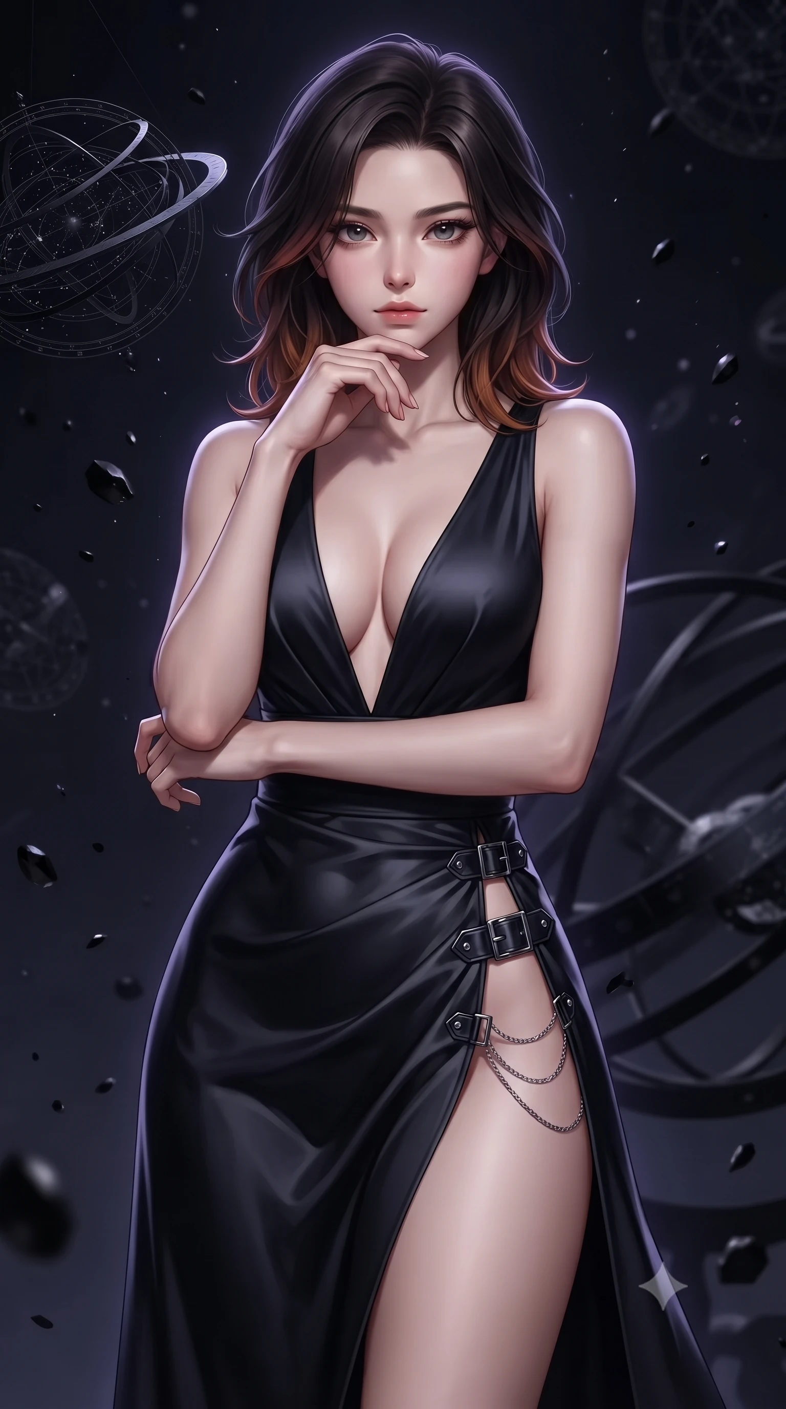 score_9, masterpiece, best quality, ultra-detailed, high-budget anime keyframe, editorial fashion photography, tasteful artistic composition, Korean woman. close-up cowboy shot from the waist and thighs up, the character dominates the composition, filling the frame with her large presence, background elements kept in soft focus. Resting her chin on the backs of her fingers with an air of effortless superiority, navigating a dark armillary sphere hall with floating black star charts, dark cosmic dust particles drifting like suspended obsidian flecks. She has an exceptionally elegant, slender, and willowy female figure with an ultra-slim waist, a gracefully sculpted slender torso, and a refined silhouette. sharp v-shaped jawline, high-bridge nose, intricate jewel-like eyes with depth, thick eyelashes, glossy lips with a natural sheen. wearing deep plunging V-neckline midnight gown with daring high thigh slit in obsidian black, made of soft dark satin, framed by dark titanium buckles and silver chain details, highlighting her statuesque proportions and ultra-slim waistline. surrounded by an eerie dark violet starlight aura and sharp rim highlights. ultra-reflective glossy finish, specular highlights, metallic sheen, high-contrast stereoscopic depth, volumetric dynamic lighting, 2k, ultra detail, master piece, 9:16 ratio