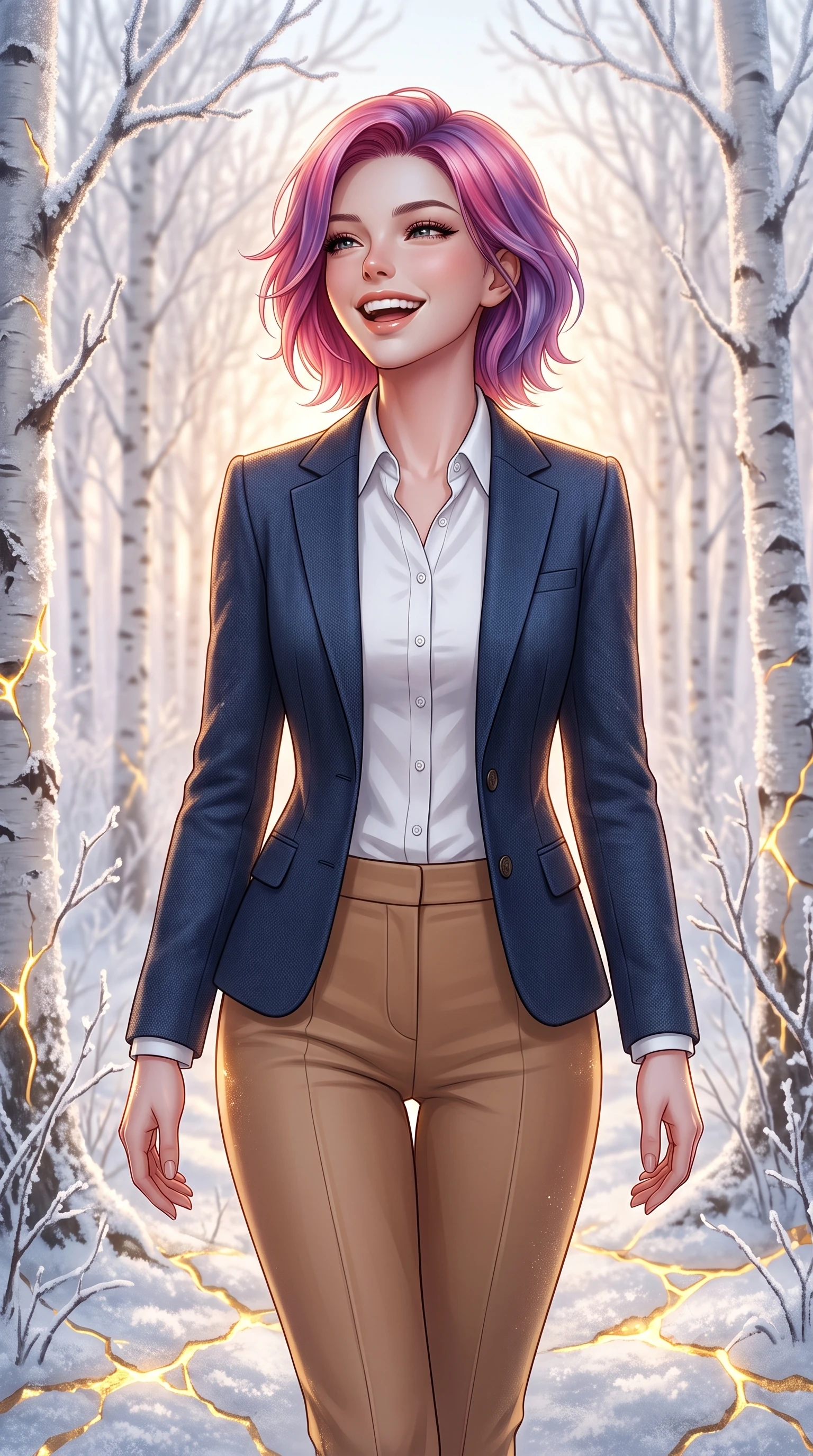score_9, masterpiece, best quality, ultra-detailed, high-budget anime keyframe, editorial fashion photography, tasteful artistic composition, Caucasian woman, strictly human ears. close-up cowboy shot from the waist and thighs up, the character dominates the composition, filling the frame with her large presence, background elements kept in soft focus. Gently laughing with her head tilted back slightly in relaxed joy. set against a soft-focus background of walking through a quiet white birch grove where every twig is coated in a thick layer of crystal frost at sunrise. She has an exceptionally elegant, slender, and willowy female figure with a highly-defined ultra-slim waist, a gracefully sculpted slender torso, and a refined slim-fit silhouette that contours her form. sharp v-shaped jawline, high-bridge nose, intricate jewel-like eyes with depth, thick eyelashes, glossy lips with a natural sheen. wearing a navy blue wool blazer over a crisp white button-down, paired with camel tailored slacks. glowing kintsugi gold light radiating from cracks in the environment creating a majestic inner glow. 2k, ultra detail, master piece, 9:16 ratio