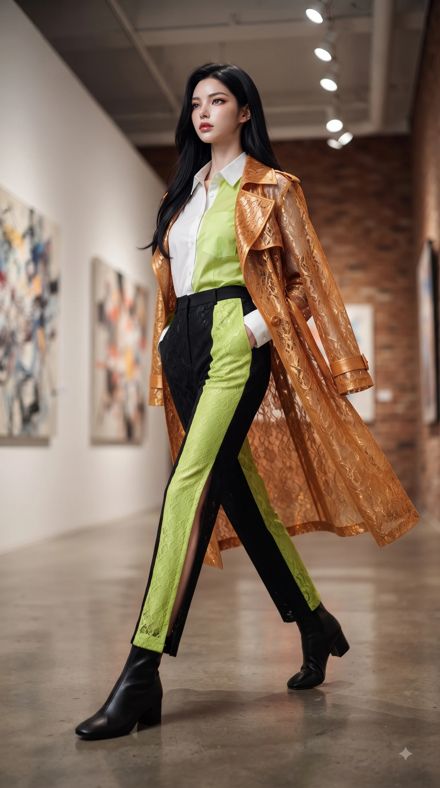 score_9, masterpiece, best quality, ultra-detailed, high-budget anime keyframe, editorial fashion photography, tasteful artistic composition, Korean woman. low angle full-body shot from head to toe showing her feet, filling the entire 9:16 vertical frame with her statuesque presence, stretching her vertical silhouette. Cool disdainful expression looking past the camera with effortless superiority and a stoic facial line while stepping along a polished concrete gallery hall under sleek overhead gallery spotlights. The composition keeps background elements in soft focus with dreamy bokeh. abstract artwork canvases and warm brick gallery walls blurred into cozy industrial bokeh. She has an absolutely perfect, statuesque 8.5-heads proportion, an exceptionally tall and slender model-like female figure with impossibly long slender legs and an ultra-slim waist. sharp v-shaped jawline, high-bridge nose, intricate jewel-like eyes with depth, thick eyelashes, glossy lips with a natural sheen, flawlessly proportioned anatomical accuracy, natural body alignment, perfectly sculpted elegant limbs, clean dynamic posture without body distortion. wearing a stylish sunset amber trench coat over a crisp white shirt and tailored trousers in bright lime green and sleek jet black, made of fine lace weave and soft satin jersey, finished with a sleek side slit ascending to mid-thigh, the form-contouring material accentuating her ultra-slim waist and long lines. surrounded by a chic, intellectual, and artistic urban editorial atmosphere. ultra-reflective glossy finish, specular highlights, metallic sheen, high-contrast stereoscopic depth, volumetric dynamic lighting, 2k, ultra detail, master piece, 9:16 ratio