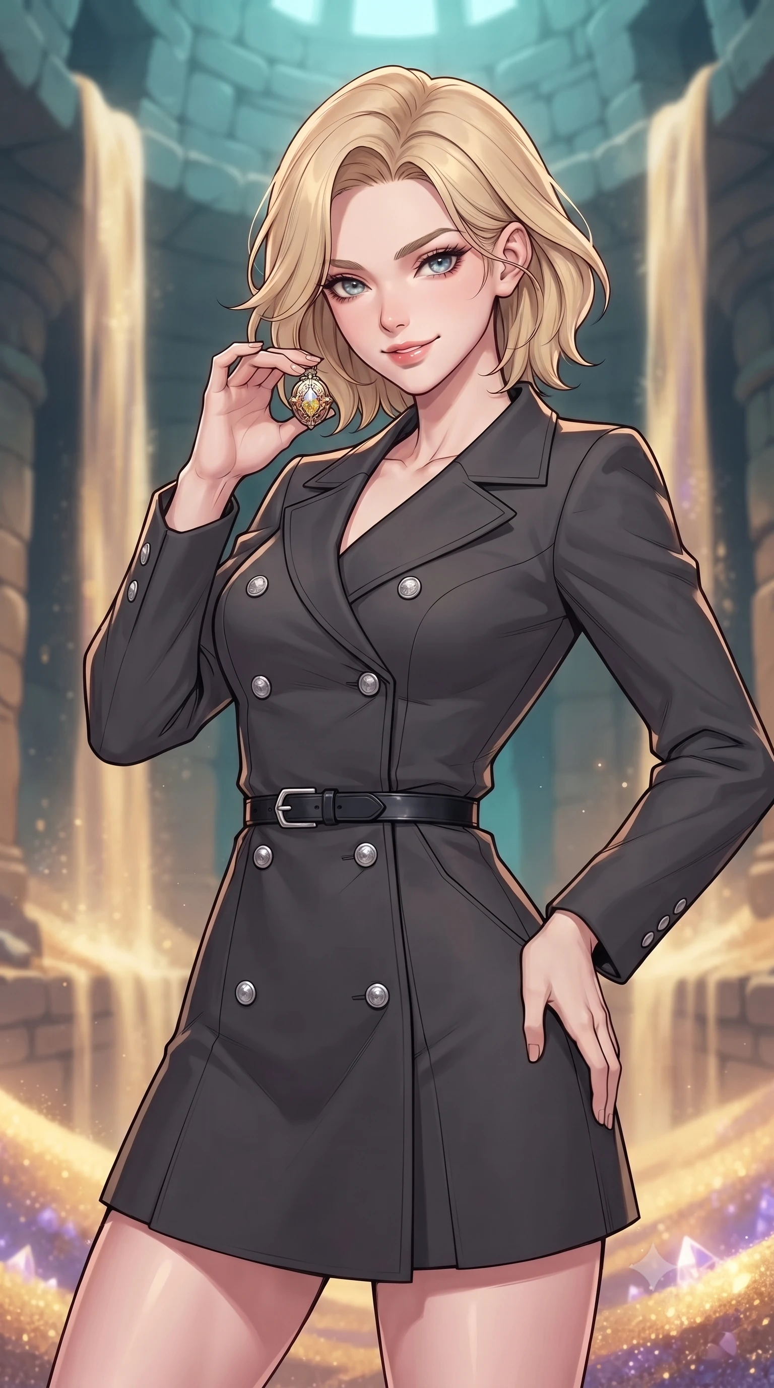score_9, masterpiece, best quality, ultra-detailed, high-budget anime keyframe, gorgeous anime illustration, with clean line-art and distinct ink outlines, Caucasian woman, strictly human ears. close-up cowboy shot from the waist and thighs up, the character dominates the composition, filling the frame with her large presence, background elements kept in soft focus. Holding a delicate object up near her face while gazing at the viewer with a knowing smile. set against a soft-focus background of inside a stone temple where giant sand waterfalls flow from the ceiling into bottomless pits, the sand composed of glowing gold and violet crystal grains that hum softly. She has an exceptionally elegant and slender, willowy female figure with an ultra-slim waist, a gracefully sculpted slender torso, and a refined slim physique. sharp v-shaped jawline, high-bridge nose, intricate jewel-like eyes with depth, thick eyelashes, glossy lips with a natural sheen. wearing a double-breasted charcoal coat dress with silver buttons, styled with a slim black leather belt. warm amber rim lighting combined with cool teal fill light creating dramatic contrast. 2k, ultra detail, master piece, 9:16 ratio, vibrant anime color palette, detailed cel-shading with soft gradients, rich contrast, dynamic lighting, 2d animation style