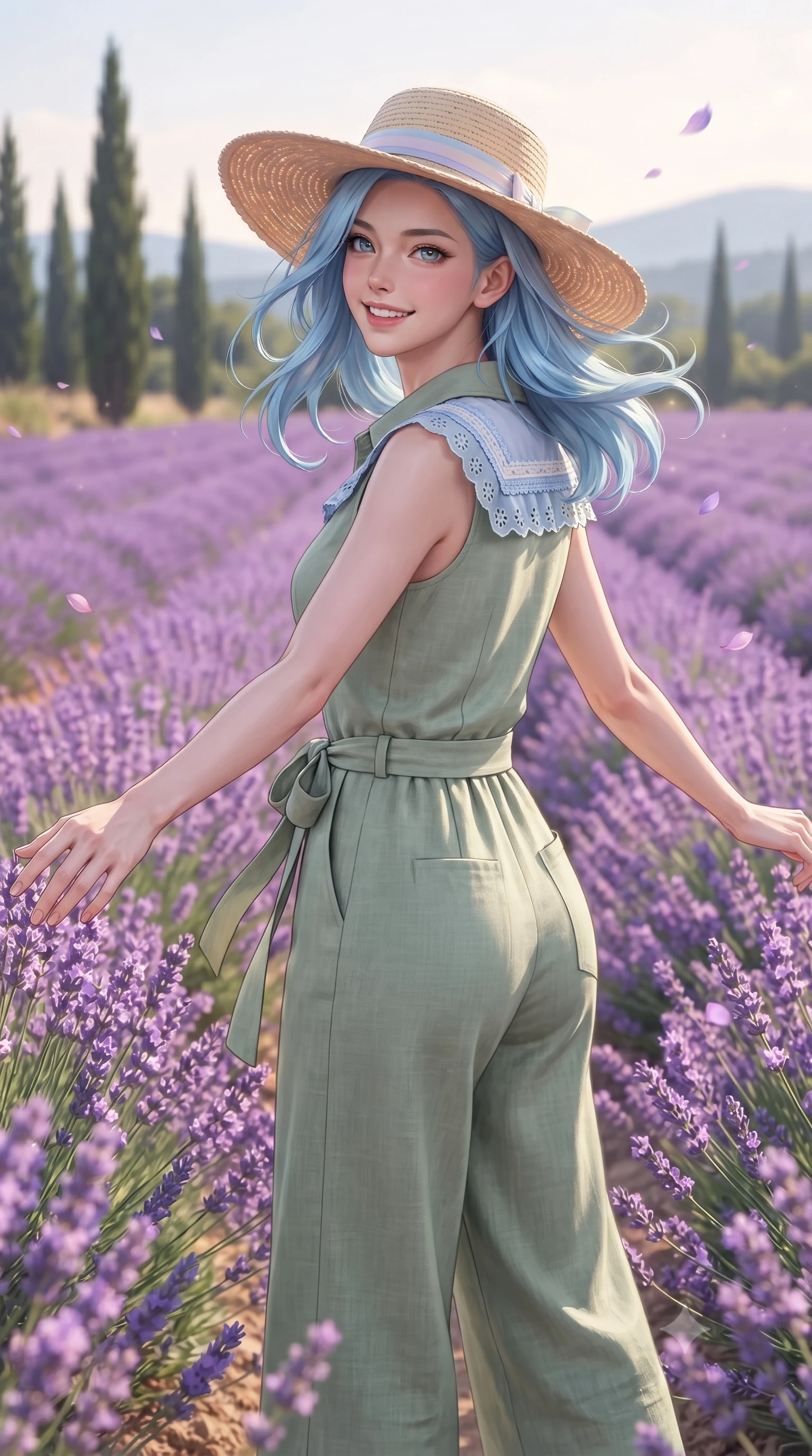 score_9, masterpiece, best quality, ultra-detailed, high-budget anime keyframe, editorial fashion photography, tasteful artistic composition, Korean woman. close-up cowboy shot from the waist and thighs up, the character dominates the composition, filling the frame with her large presence. extending one arm gracefully toward the scenery while turning back with an infectious, heartwarming smile while twirling cheerfully between vibrant purple lavender ridges as delicate violet petals flutter in the air. The composition keeps background elements in soft focus with creamy bokeh. tall cypress trees and distant Provençal hills softened by warm atmospheric depth of field. She has an exceptionally elegant, slender, and willowy female figure with an ultra-slim waist, a gracefully sculpted slender torso, toned flat midriff, and a refined slim silhouette. sharp v-shaped jawline, high-bridge nose, intricate jewel-like eyes with depth, thick eyelashes, glossy lips with a natural sheen, pure and lovely fresh girlhood expression, flawlessly proportioned anatomical accuracy, strict slender model proportions, natural body alignment, perfectly sculpted long slender limbs, ultra-slim waistline, clean dynamic posture without body distortion. wearing a relaxed sage green linen jumpsuit with a tied waist sash and folded collar in gentle baby blue and cloud white, woven with delicate eyelet lace and breathable cotton voile, paired with a wide-brim woven straw hat tied with a pastel ribbon, the body-hugging lightweight knit clinging delicately to her slender torso, accentuating her graceful neck and feminine lines. surrounded by a romantic, sweet, and wonderfully heartwarming cottagecore girlhood aura. ultra-reflective glossy finish, specular highlights, rich natural textures, high-contrast stereoscopic depth, volumetric dynamic lighting, 2k, ultra detail, master piece, 9:16 ratio