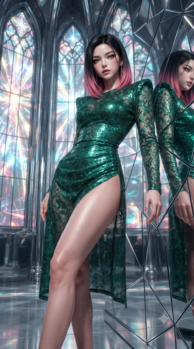 score_9, masterpiece, best quality, ultra-detailed, High-budget Anime Keyframe, editorial fashion photography, tasteful artistic composition, realistic cosplay photography, East Asian woman. Low angle cowboy shot filling the entire 9:16 frame with he