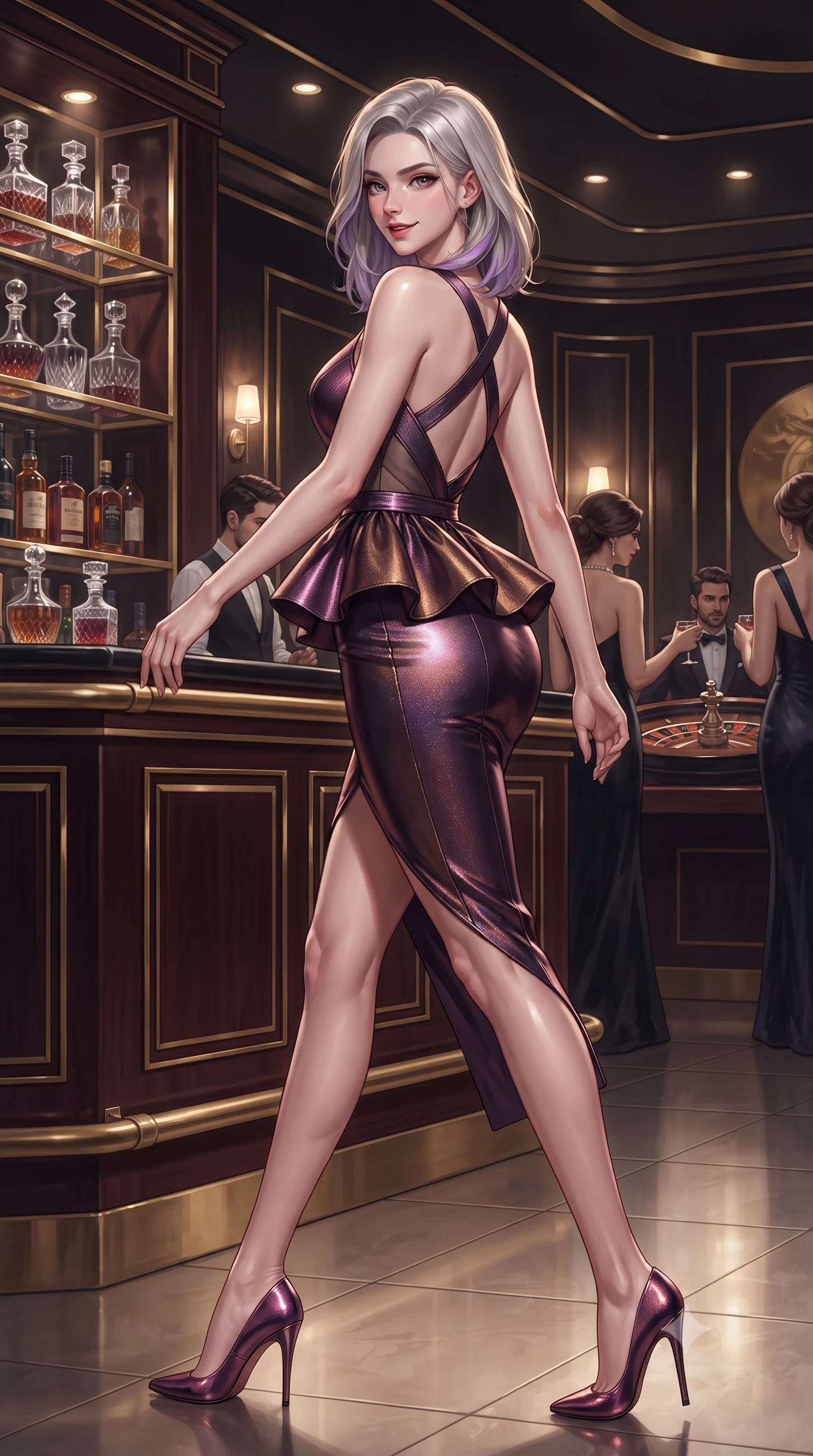 score_9, masterpiece, best quality, ultra-detailed, high-budget anime keyframe, editorial fashion photography, tasteful artistic composition, Caucasian woman. low angle full-body shot from head to toe showing her feet, filling the entire 9:16 vertical frame with her statuesque presence, stretching her vertical silhouette. striding forward in a proud supermodel runway stride, hips swaying in an alluring kinetic rhythm that accentuates her curvy hourglass silhouette while twisting her slender torso in a deep contrapposto stance beside the private casino bar, glancing over her shoulder with an audacious, teasing smirk. The surrounding environment is rendered in vivid detail and crisp panoramic clarity. rich high-contrast French Riviera chiaroscuro and ultra-luxury jet-set elegance rendered with precision. She has an absolutely perfect, statuesque 8.5-heads proportion, an exceptionally tall and slender model-like female figure with impossibly long slender legs, a toned flat midriff, an ultra-slim waist, and beautifully sculpted feminine hips. sharp v-shaped jawline, high-bridge nose, intricate jewel-like eyes with depth, thick eyelashes, glossy parted lips with a natural sheen, intensely captivating and seductive bedroom-eyes expression, flawlessly proportioned anatomical accuracy, strict slender model proportions, natural body alignment, perfectly sculpted long slender limbs, ultra-slim waistline, clean dynamic posture without body distortion. wearing a structural geometric peplum gown with sheer side-ribbon cutouts and form-fitting skirt in deep plum violet and antique bronze, crafted from luxurious metallic lamé that shifts radiance with every step, finished with criss-cross back satin straps highlighting her graceful shoulder blades, the second-skin form-contouring cut accentuating her sculpted flat midriff, narrow waistline, and dramatically curvy hips without adding bulk. surrounded by an elite, intoxicating, and irresistibly glamorous Monte Carlo heiress aura. ultra-reflective glossy finish, specular highlights, rich textural contrasts, high-contrast stereoscopic depth, volumetric dynamic lighting, 2k, ultra detail, master piece, 9:16 ratio