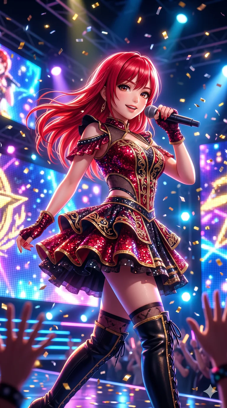 score_9, masterpiece, best quality, ultra-detailed, highly detailed CG unity 8k render, an incredibly beautiful Japanese woman. Dynamic low angle shot filling the frame. She has an absolutely cute and compact proportion, an petite female figure with a slim-fit toned body. Her face is a highly detailed masterpiece featuring a v-shaped jawline, high-bridge nose, intricate jewel-like eyes, thick eyelashes, and glossy lips. She has vibrant red flowing hair. She is wearing a seductive high-cut idol stage costume covered in sparkling sequins, ruffled mini skirt, highlighting her alluring silhouette. Colorful idol stage, falling confetti, dramatic rim lighting, cinematic shadows, 2k, ultra detail, master piece, 9:16 ratio