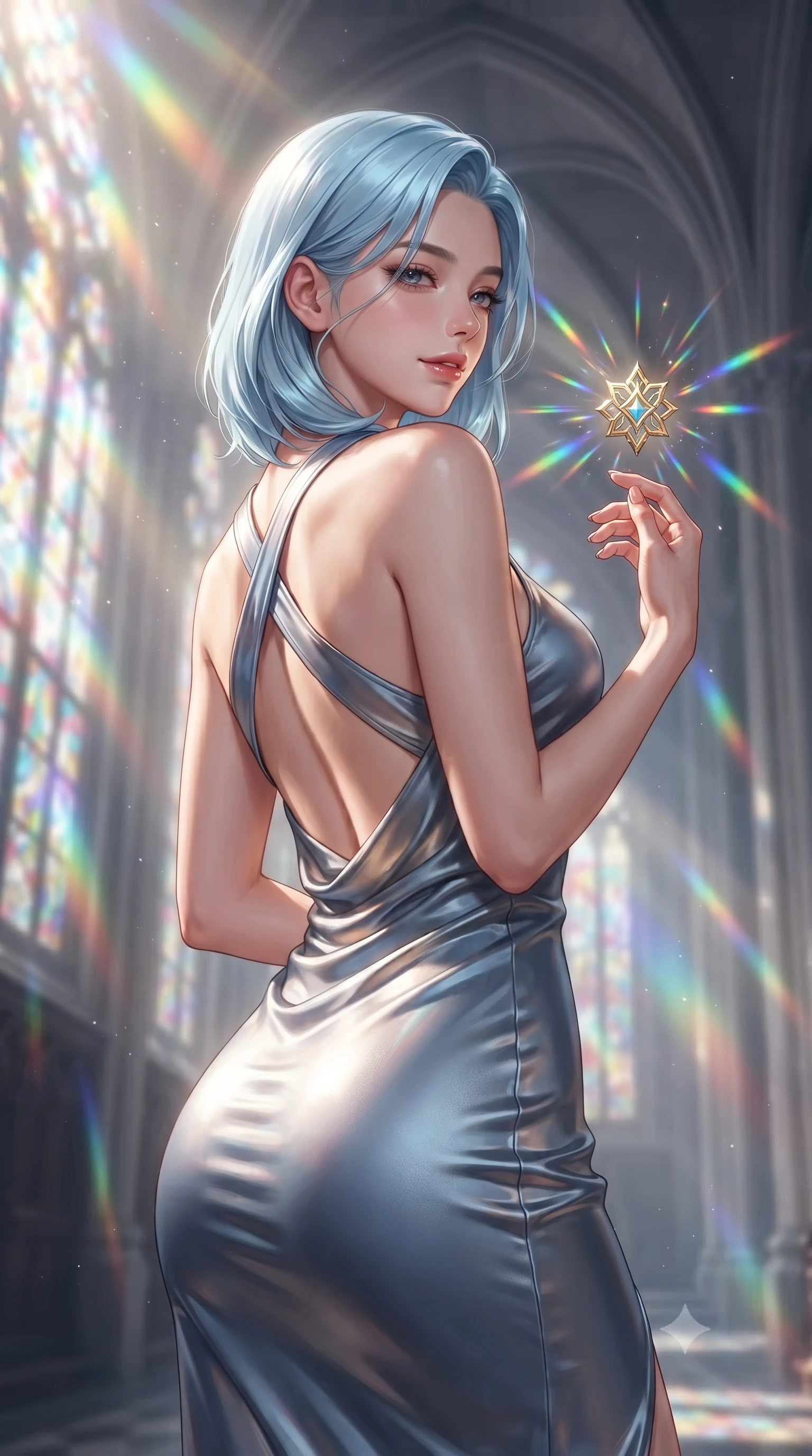 score_9, masterpiece, best quality, ultra-detailed, high-budget anime keyframe, editorial fashion photography, tasteful artistic composition, Korean woman. close-up cowboy shot from the waist and thighs up, the character dominates the composition, filling the frame with her large presence, background elements kept in soft focus. Glancing sidelong over her shoulder with a smoldering half-smile and heavy lashes touching a floating golden icon surrounded by kaleidoscope light rays, majestic vaulted ceilings rising high into a luminous atmosphere. She has an exceptionally elegant, slender, and willowy female figure with an ultra-slim waist, a gracefully sculpted slender torso, and a refined silhouette. sharp v-shaped jawline, high-bridge nose, intricate jewel-like eyes with depth, thick eyelashes, glossy lips with a natural sheen. wearing a precision-fitted liquid jersey bodycon dress with a draped back in slate blue and metallic silver, crafted from lustrous satin jersey with fluid draping, complemented by criss-cross back straps highlighting her bare shoulders, the glove-like fit emphasizing her statuesque silhouette. bathed in cascading rainbow prismatic light refracting through stained glass. ultra-reflective glossy finish, specular highlights, metallic sheen, high-contrast stereoscopic depth, volumetric dynamic lighting, 2k, ultra detail, master piece, 9:16 ratio