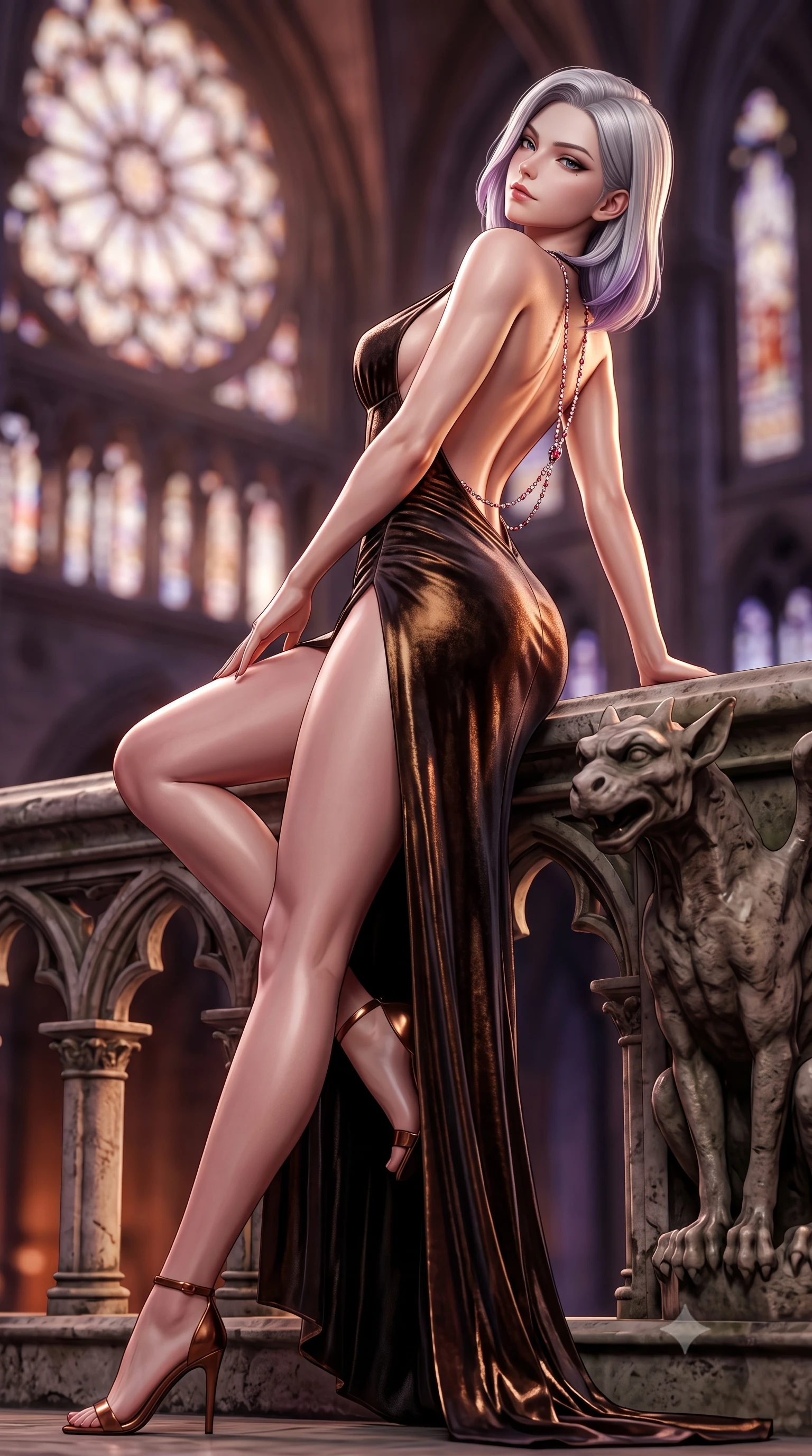 score_9, masterpiece, best quality, ultra-detailed, high-budget anime keyframe, semi-realistic 3D game render, editorial fashion photography, tasteful artistic composition, Caucasian woman. low angle full-body shot from head to toe showing her feet, filling the entire 9:16 vertical frame with her statuesque presence, stretching her vertical silhouette. reclining back languidly with one knee bent and spine arched in a breathtaking dancer line, commanding the entire 9:16 vertical frame while resting one hand against a weathered gargoyle balustrade, looking back over her shoulder with an aloof, sovereign smirk. The composition keeps background elements in soft focus with creamy bokeh. colossal gothic rose windows and distant flying buttresses blurred into blood-orange, violet, and obsidian bokeh. She has an absolutely perfect, statuesque 8.5-heads proportion, an exceptionally tall and slender model-like female figure with impossibly long slender legs, a toned flat midriff, and an ultra-slim waist. sharp v-shaped jawline, high-bridge nose, intricate jewel-like eyes with depth, thick eyelashes, glossy parted lips with a natural sheen, intensely captivating and seductive expression, flawlessly proportioned anatomical accuracy, strict slender model proportions, natural body alignment, perfectly sculpted long slender limbs, ultra-slim waistline, clean dynamic posture without body distortion. wearing a plunging-V neckline crushed velvet corseted evening gown with an open scooped back and high-cut thigh slit in shadowy espresso brown and molten bronze, crafted from luxurious metallic lamé that shifts radiance with every step, accented with a glittering ruby back chain tracing her bare spine, the liquid-tight tailored fabric emphasizing every curve of her tall, slender model proportions and sculptured silhouette during dynamic movement. illuminated by crisp specular highlights defining her sculpted jawline, bare spine, and long limbs. highly saturated vibrant anime colors, detailed shading with soft gradients, rich glossy textures, high-contrast stereoscopic depth, volumetric dynamic lighting, master piece, 9:16 ratio