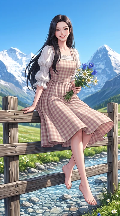 score_9, masterpiece, best quality, ultra-detailed, high-budget anime keyframe, semi-realistic 3D game render, editorial fashion photography, tasteful artistic composition, Korean woman. low angle full-body shot from head to toe showing her feet, fil