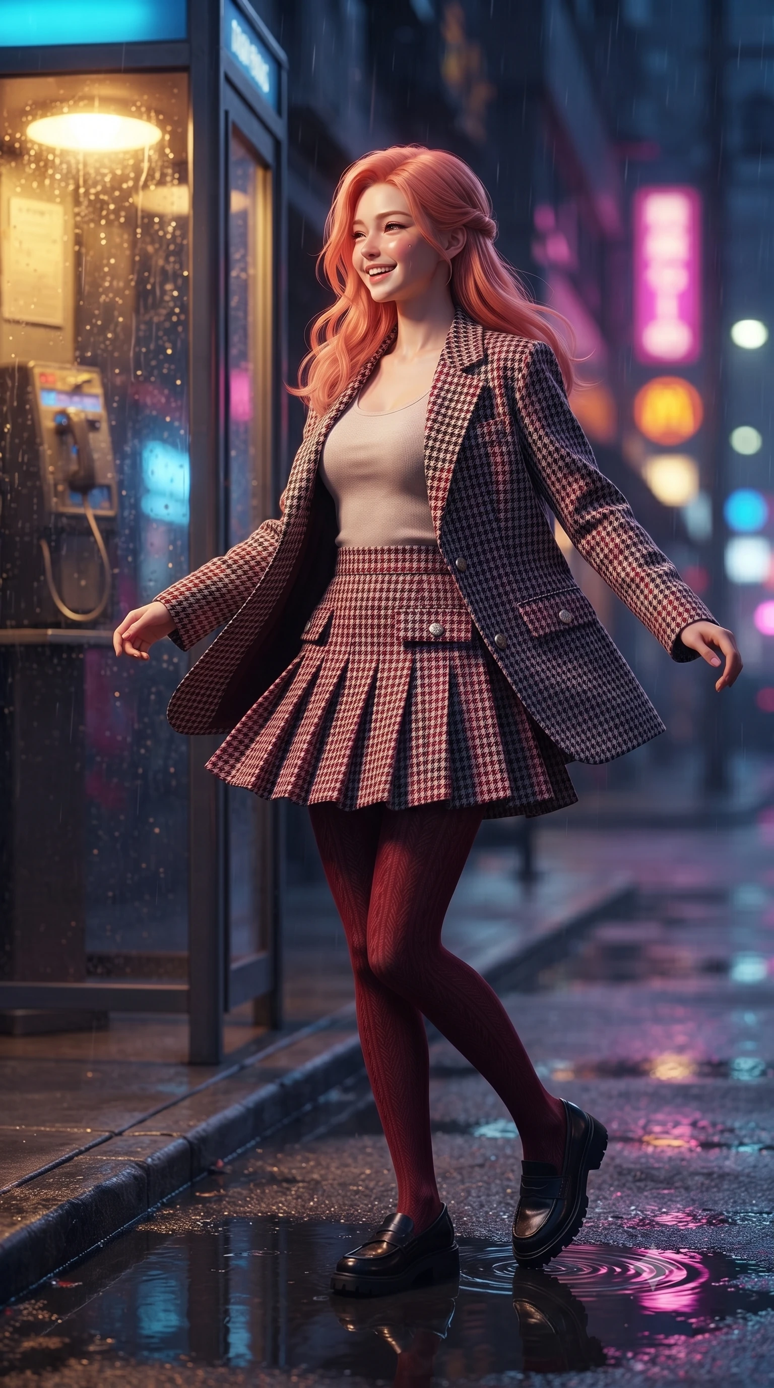 score_9, masterpiece, best quality, ultra-detailed, high-budget anime keyframe, editorial fashion photography, tasteful artistic composition, Japanese woman. close-up cowboy shot from the waist and thighs up, the character dominates the composition, filling the frame with her large presence. laughing softly with genuine, enchanting warmth, eyes crinkling sweetly as specular highlights illuminate her cheeks while twirling on the wet sidewalk corner as neon reflection puddles create mirror images of her slender silhouette. The composition keeps background elements in soft focus with creamy bokeh. streaming glass raindrop streaks and distant neon shop signs blurred into dreamy magenta, amber, and deep blue bokeh. She has an exceptionally elegant, slender, and willowy female figure with an ultra-slim waist, a gracefully sculpted slender torso, toned flat midriff, and a refined slim silhouette. sharp v-shaped jawline, high-bridge nose, intricate jewel-like eyes with depth, thick eyelashes, glossy lips with a natural sheen, captivating and magnetic expression, flawlessly proportioned anatomical accuracy, strict slender model proportions, natural body alignment, perfectly sculpted long slender limbs, ultra-slim waistline, clean dynamic posture without body distortion. wearing a tailored 90s houndstooth oversized blazer over a simple scoop-neck top and a high-waisted pleated wool mini-skirt in classic monochrome houndstooth and cherry red, crafted from ultra-soft brushed fleece and vintage-washed jersey, finished with polished mother-of-pearl buttons and tailored flap pockets, the glove-like aerodynamic second-skin fit tightly clinging to her ultra-slender waist and athletic curves without adding bulk, accentuating her razor-sharp statuesque lines and slim hourglass silhouette. bathed in cozy yellow interior phone booth lamp light contrasting with cool neon street reflections outside. ultra-reflective glossy finish, specular highlights, rich textural contrasts, high-contrast stereoscopic depth, volumetric dynamic lighting, 2k, ultra detail, master piece, 9:16 ratio