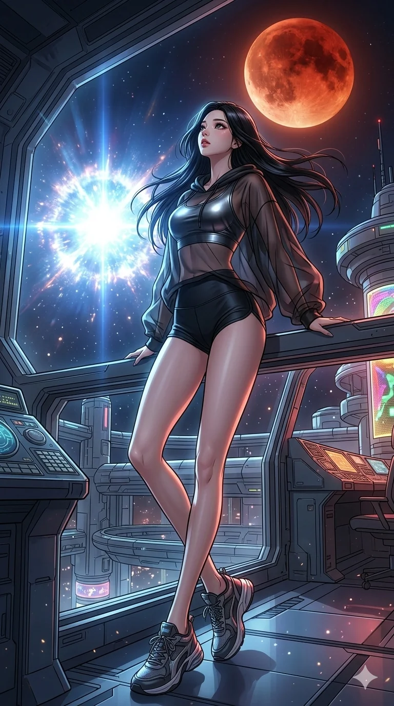 score_9, masterpiece, best quality, ultra-detailed, high-budget anime movie keyframe, cinematic anime lighting, intricate line art, Japanese woman. Dynamic full-body shot stretching the vertical silhouette across the 9:16 frame. observing a supernova in a futuristic orbital station under a blood moon. She has an absolutely perfect 8-heads proportion, an exceptionally tall and slender female figure with an ultra-slim waist and impossibly long slender legs. sharp v-shaped jawline, high-bridge nose, intricate jewel-like eyes, thick eyelashes, glossy lips. Wearing premium athleisure set with a metallic-finish compression top, high-cut yoga shorts that accentuate her long legs, and a sheer oversized hoodie. The scene is illuminated by dramatic atmospheric lighting and vibrant color palettes. , 2k, ultra detail, master piece, 9:16 ratio
