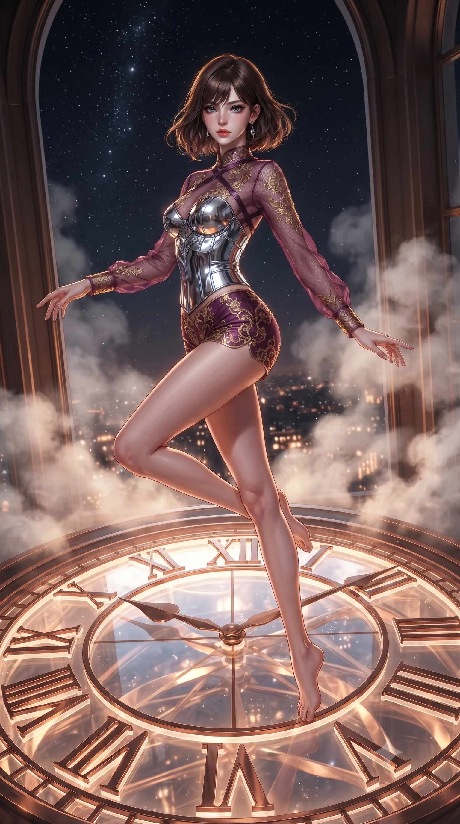 score_9, masterpiece, best quality, ultra-detailed, high-budget anime keyframe, editorial fashion photography, tasteful artistic composition, Korean woman. low angle full-body shot from head to toe showing her feet, filling the entire 9:16 vertical frame with her statuesque presence, stretching her vertical silhouette. leaping gracefully through the environment with statuesque elegance and long slender legs standing atop a giant translucent Roman numeral clock dial in a high tower, distant starlight and city lights twinkling through steam clouds. She has an absolutely perfect, statuesque 8.5-heads proportion, an exceptionally tall and slender model-like female figure with impossibly long slender legs and an ultra-slim waist. sharp v-shaped jawline, high-bridge nose, intricate jewel-like eyes with depth, thick eyelashes, glossy lips with a natural sheen. wearing a chrome-plated structured bodice worn over a sheer mesh top and micro-shorts in plum purple and gold filigree, woven from fine semi-opaque sheer organza, complemented by criss-cross back straps highlighting her bare shoulders, the sleek second-skin texture accentuating her magnetic presence. surrounded by warm hearth light and dramatic bronze rim highlights. ultra-reflective glossy finish, specular highlights, metallic sheen, high-contrast stereoscopic depth, volumetric dynamic lighting, 2k, ultra detail, master piece, 9:16 ratio