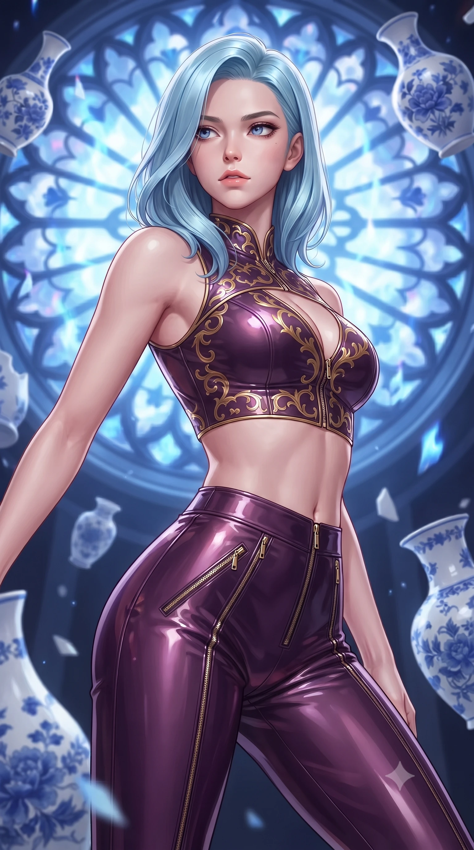 score_9, masterpiece, best quality, ultra-detailed, high-budget anime keyframe, editorial fashion photography, tasteful artistic composition, Korean woman. close-up cowboy shot from the waist and thighs up, the character dominates the composition, filling the frame with her large presence, background elements kept in soft focus. Gazing past the lens with composed intensity as her torso curves dynamically in mid-motion while pivoting dynamically in front of a giant porcelain rose window emitting sapphire flames, intricate cobalt blue floral patterns on floating white ceramic vase shards. She has an exceptionally elegant, slender, and willowy female figure with an ultra-slim waist, a gracefully sculpted slender torso, and a refined silhouette. sharp v-shaped jawline, high-bridge nose, intricate jewel-like eyes with depth, thick eyelashes, glossy lips with a natural sheen, flawlessly proportioned anatomical accuracy, natural body alignment, perfectly sculpted elegant limbs, clean dynamic posture without body distortion. wearing a glossy vinyl crop top and high-waist tailored leggings with sleek zippers in plum purple and gold filigree, tailored from high-gloss patent leather, accented with a Tasteful chest slit framing her clavicle gracefully, the sleek second-skin texture accentuating her magnetic presence. surrounded by a majestic inner radiance highlighting glossy white porcelain. ultra-reflective glossy finish, specular highlights, metallic sheen, high-contrast stereoscopic depth, volumetric dynamic lighting, 2k, ultra detail, master piece, 9:16 ratio