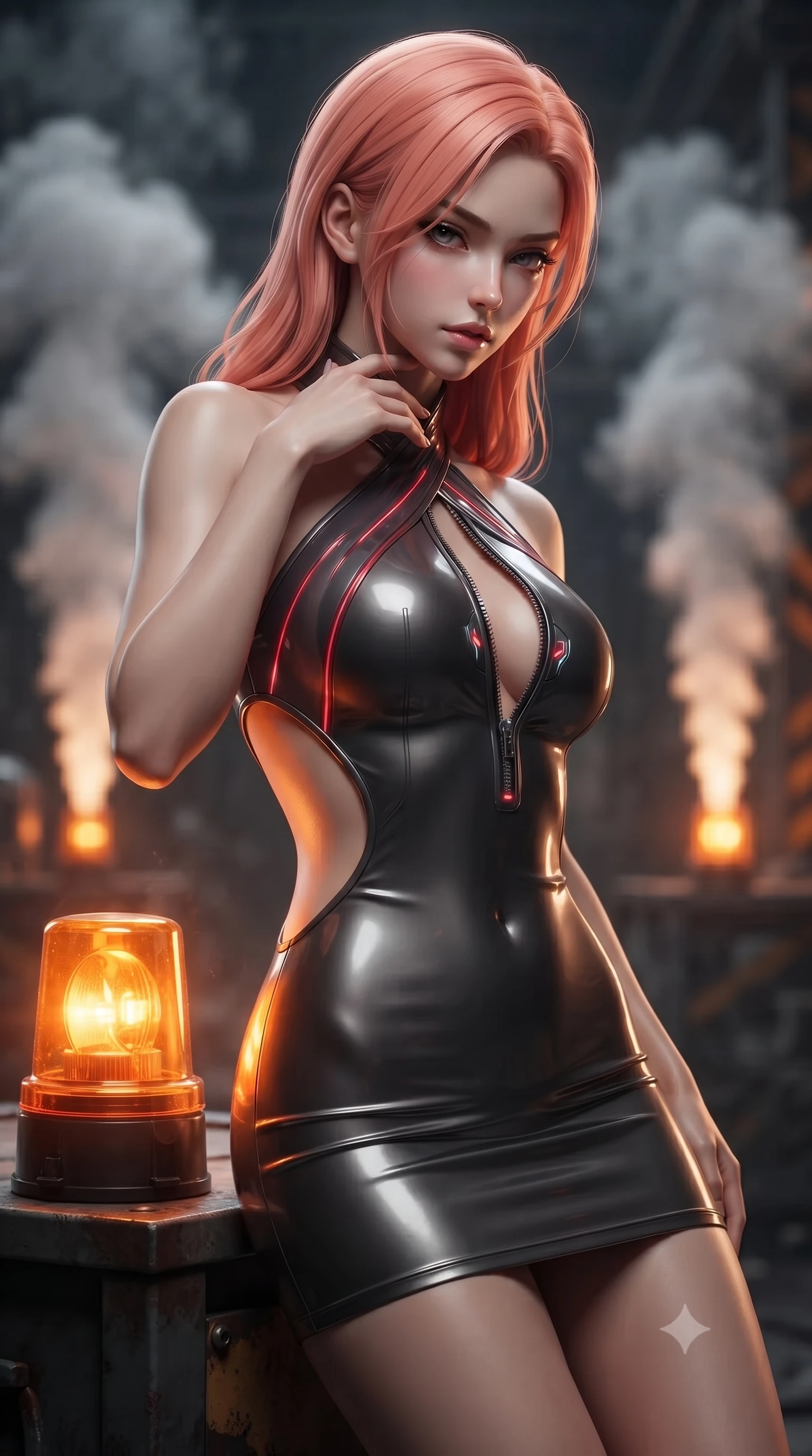 score_9, masterpiece, best quality, ultra-detailed, high-budget anime keyframe, editorial fashion photography, tasteful artistic composition, Japanese woman. close-up cowboy shot from the waist and thighs up, the character dominates the composition, filling the frame with her large presence. resting her fingers lightly against her throat while looking down with a smoldering, haughty yet intensely captivating glance while pivoting dynamically near a sputtering orange warning light as high-pressure steam geysers erupt behind her. The composition keeps background elements in soft focus with creamy bokeh. pulsing orange hazard beacons and drifting industrial steam plumes blurred into fiery amber and charcoal bokeh. She has an exceptionally elegant, slender, and willowy female figure with an ultra-slim waist, a gracefully sculpted slender torso, toned flat midriff, and a refined slim silhouette. sharp v-shaped jawline, high-bridge nose, intricate jewel-like eyes with depth, thick eyelashes, glossy lips with a natural sheen, flawlessly proportioned anatomical accuracy, strict slender model proportions, natural body alignment, perfectly sculpted long slender limbs, ultra-slim waistline, clean dynamic posture without body distortion. wearing a molten gunmetal liquid-metal mini dress featuring deep side-waist cutouts and a daring crossover halter neckline in smoky charcoal grey and glowing crimson filaments, crafted from ultra-reflective second-skin latex with a high-gloss glass-like polish, featuring a dangerously unzipped neckline framed by subtle glowing cybernetic accents, the form-contouring material adhering flawlessly to her sculpted flat midriff and slender torso, emphasizing her long leg lines and perfectly proportioned willowy build. surrounded by a gritty, rebellious, and fiercely provocative cyber-underworld queen aura. ultra-reflective glossy finish, specular highlights, dark metallic sheen, deep chiaroscuro contrast, volumetric dynamic shadow lighting, 2k, ultra detail, master piece, 9:16 ratio