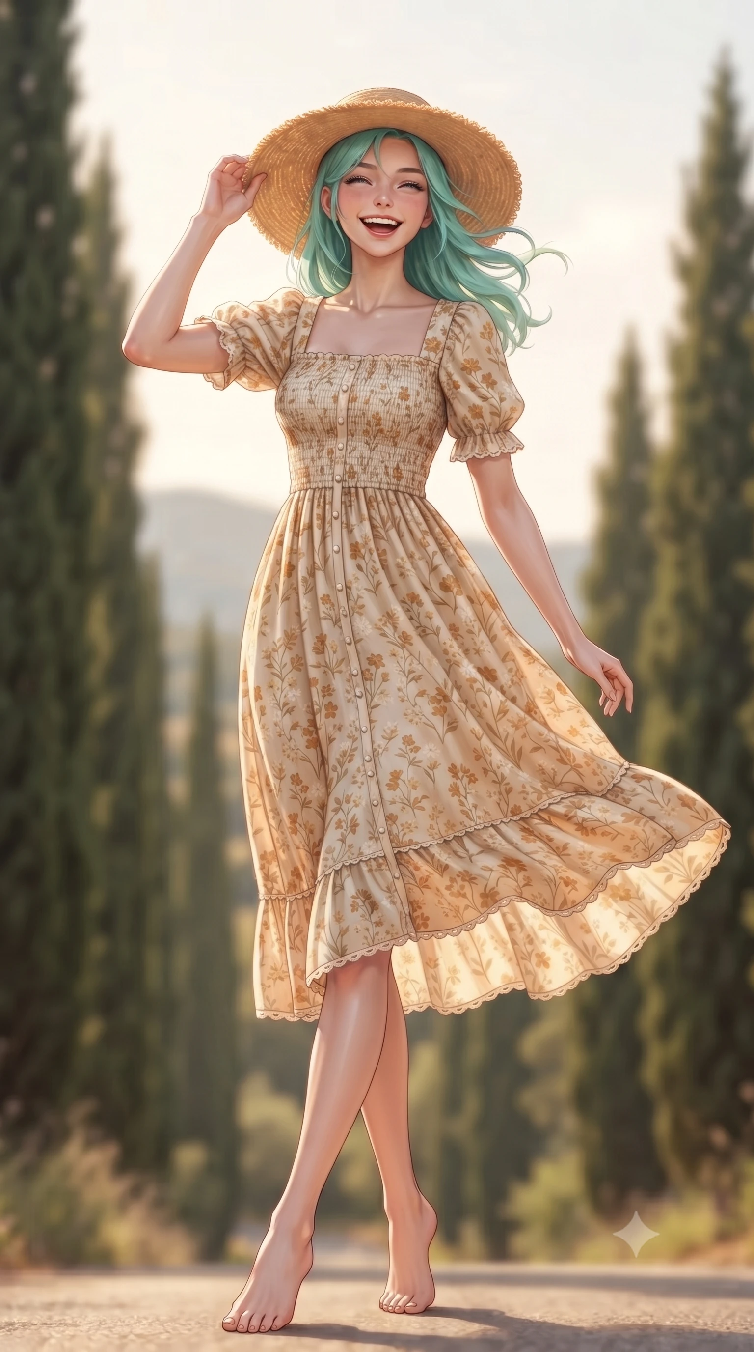 score_9, masterpiece, best quality, ultra-detailed, high-budget anime keyframe, editorial fashion photography, tasteful artistic composition, Japanese woman. low angle full-body shot from head to toe showing her feet, filling the entire 9:16 vertical frame with her statuesque presence, stretching her vertical silhouette. stepping forward gracefully in mid-motion with a delighted cute laugh, displaying her tall slender model proportions while adjusting her wide-brimmed straw hat against the gentle summer breeze with a cute, youthful grin. The composition keeps background elements in soft focus with creamy bokeh. tall cypress trees and distant Provençal hills softened by warm atmospheric depth of field. She has an absolutely perfect, statuesque 8.5-heads proportion, an exceptionally tall and slender model-like female figure with impossibly long slender legs, a toned flat midriff, and an ultra-slim waist. sharp v-shaped jawline, high-bridge nose, intricate jewel-like eyes with depth, thick eyelashes, glossy lips with a natural sheen, pure and lovely fresh girlhood expression, flawlessly proportioned anatomical accuracy, strict slender model proportions, natural body alignment, perfectly sculpted long slender limbs, ultra-slim waistline, clean dynamic posture without body distortion. wearing a sweet square-neck smocked midi dress decorated with delicate wildflower patterns in warm caramel and cream vanilla, crafted from soft breathable linen that flutters gently in the breeze, finished with delicate scallop trims and tiny pearl buttons, the breezy lightweight fabric fluttering softly against her delicate collarbones, narrow waist, and feminine curves. surrounded by a romantic, sweet, and wonderfully heartwarming cottagecore girlhood aura. ultra-reflective glossy finish, specular highlights, rich natural textures, high-contrast stereoscopic depth, volumetric dynamic lighting, 2k, ultra detail, master piece, 9:16 ratio