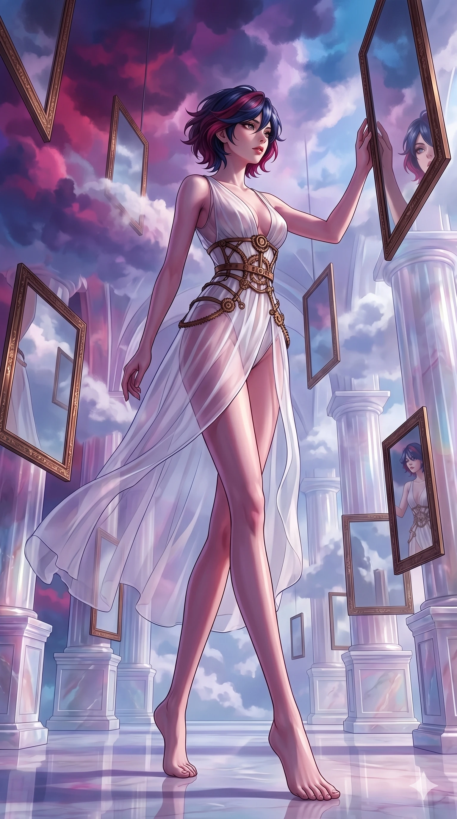 score_9, masterpiece, best quality, ultra-detailed, high-budget anime keyframe, Caucasian woman, strictly human ears. low angle full-body shot filling the entire 9:16 frame with her statuesque presence, stretching the vertical silhouette. wandering through a mirage cloud cathedral of translucent marble and water mist, surrounded by floating ancient bronze mirror walls. She has an absolutely perfect 8-heads proportion, an exceptionally tall and slender female figure with impossibly long slender legs and an ultra-slim waist. V-shaped jawline, high-bridge nose, intricate jewel-like eyes with depth, thick eyelashes, glossy lips with a natural sheen.. wearing a chrono-gear wire harness couture, featuring micro-bronze gear wire harness cinching her waist, over a sheer white organza dress. accented by dynamic color-blocked lighting with high-contrast shadows emphasizing her statuesque height. 2k, ultra detail, master piece, 9:16 ratio