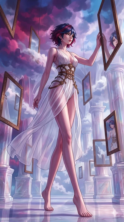 score_9, masterpiece, best quality, ultra-detailed, high-budget anime keyframe, Caucasian woman, strictly human ears. low angle full-body shot filling the entire 9:16 frame with her statuesque presence, stretching the vertical silhouette. wandering t