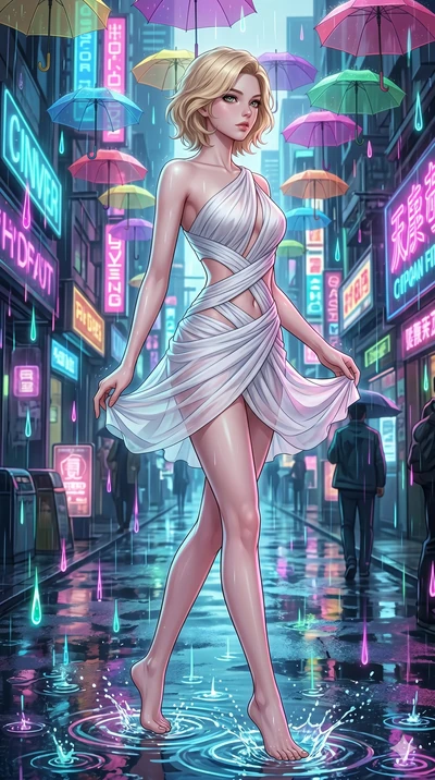 score_9, masterpiece, best quality, ultra-detailed, high-budget anime keyframe, Korean woman. upper body close-up from the thighs up, character filling the screen for maximum presence. navigating a wet neon-lit future street under colorful floating u