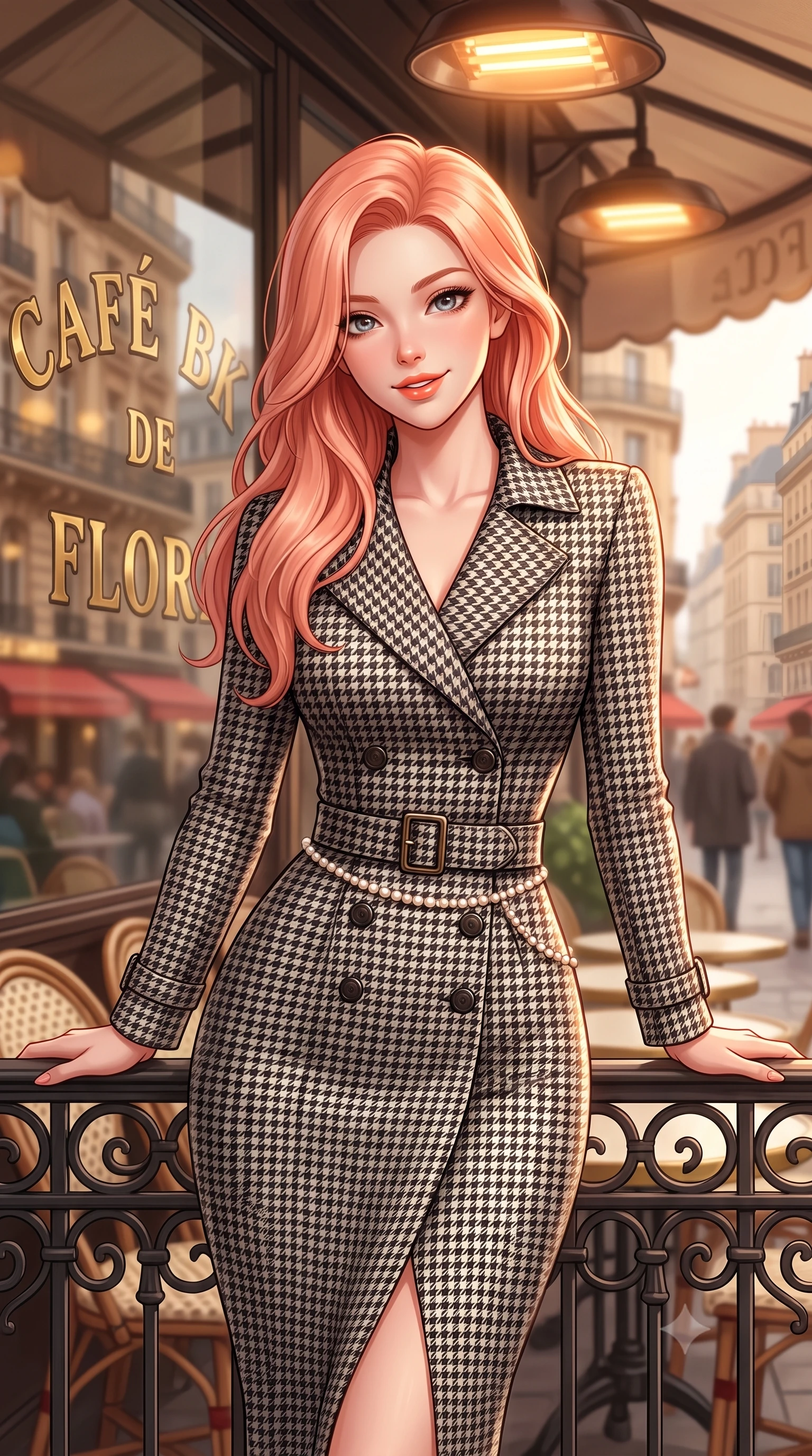 score_9, masterpiece, best quality, ultra-detailed, high-budget anime keyframe, semi-realistic 3D game render, editorial fashion photography, tasteful artistic composition, Japanese woman. close-up cowboy shot from the waist and thighs up, the character dominates the composition, filling the frame with her large presence. resting both elbows on the balustrade while leaning forward gracefully, her smile sparkling with youthful cute charm and seductive allure while standing beside the wrought-iron café railing looking out over Boulevard Saint-Germain, turning with playful coquettish charm. The background shows a soft-focus brass café lettering on glass softened in romantic Left Bank intellectual shallow focus. She has an exceptionally elegant, slender, and willowy female figure with an ultra-slim waist, flat toned midriff, narrow ribcage, and sculpted feminine hips creating an alluring, slim hourglass silhouette without bulk. sharp v-shaped jawline, high-bridge nose, intricate jewel-like sparkling eyes with depth, thick eyelashes, glossy parted lips with a natural peach sheen, bright cheerful beaming smile with an enchanting and coquettish sensual glint, exuding both youthful cute charm and seductive allure, flawlessly proportioned anatomical accuracy, strict slender model proportions, natural body alignment, perfectly sculpted long slender limbs, ultra-slim waistline, clean dynamic posture without body distortion. wearing a liquid-tight double-breasted tailored trench dress cinched firmly with a leather buckle belt to accentuate her hourglass curves in classic Savile Row charcoal houndstooth and crisp ivory, made of ultra-fine Mongolian cashmere with sleek glove-like elasticity contouring her silhouette, accented with a dainty pearl waist chain catching the ambient sunlight across her sculpted waistline, the liquid-tight tailored fabric clinging flawlessly to her narrow waist and rounded feminine hips, emphasizing every millimeter of her sculpted slim hourglass curves without any bulky heaviness. bathed in soft overcast Parisian natural daylight warmed by glowing overhead outdoor patio heaters. highly saturated vibrant anime colors, detailed shading with soft gradients, rich glossy textures, high-contrast stereoscopic depth, volumetric dynamic lighting, master piece, 9:16 ratio