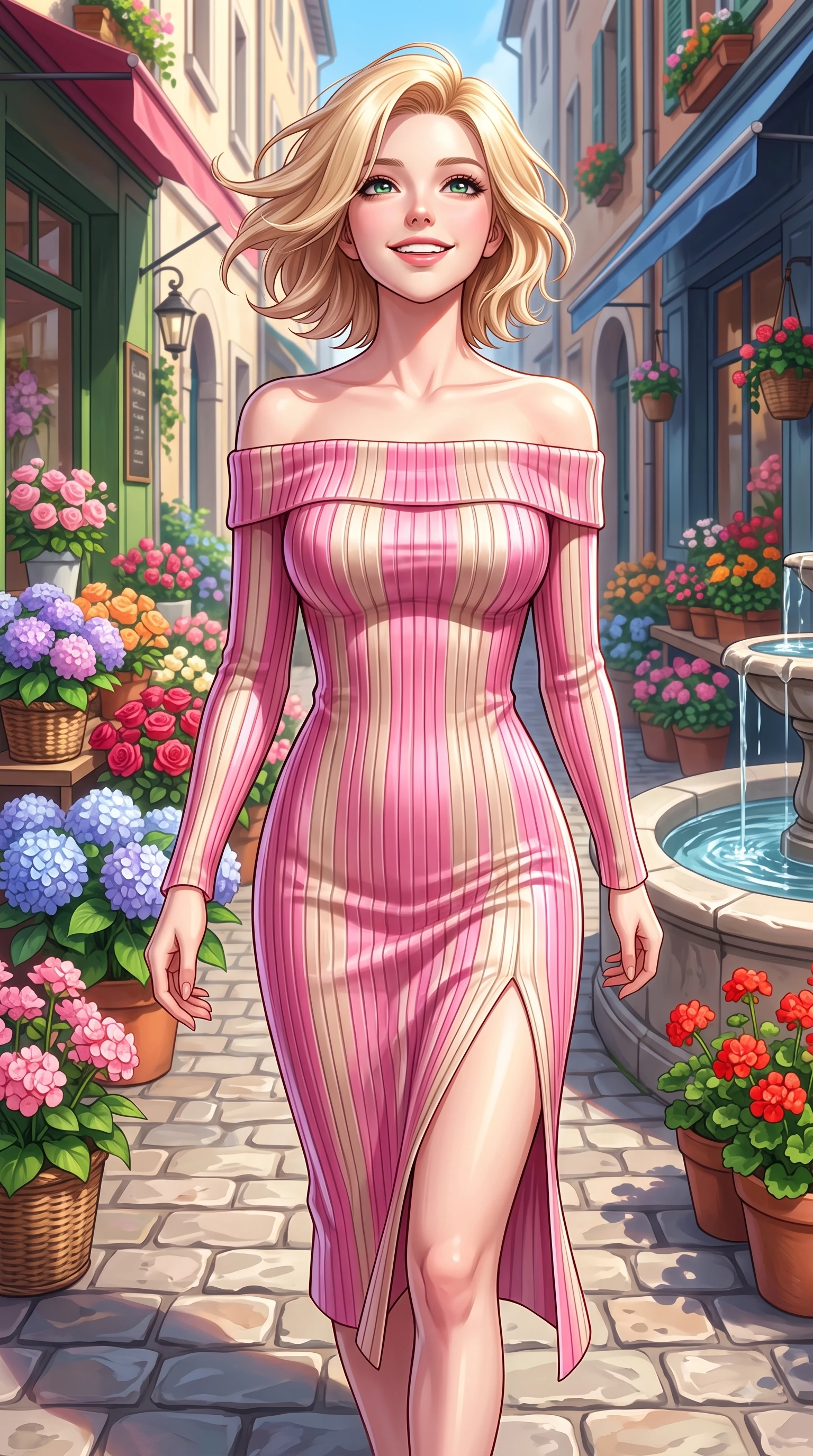 score_9, masterpiece, best quality, ultra-detailed, high-budget anime keyframe, editorial fashion photography, tasteful artistic composition, Caucasian woman. close-up cowboy shot from the waist and thighs up, the character dominates the composition, filling the frame with her large presence. Tilting her chin up with a sweet beaming smile of pure delight while balancing dynamically amidst the scene while walking dynamically down a sun-drenched European cobblestone alley lined with flower shops. The surrounding environment is rendered in vivid detail and crisp panoramic clarity. vibrant flower displays, fountain water ripples, and crisp architectural shadows in high clarity. She has an exceptionally elegant, slender, and willowy female figure with an ultra-slim waist, a gracefully sculpted slender torso, and a refined silhouette. sharp v-shaped jawline, high-bridge nose, intricate jewel-like eyes with depth, thick eyelashes, glossy lips with a natural sheen, flawlessly proportioned anatomical accuracy, natural body alignment, perfectly sculpted elegant limbs, clean dynamic posture without body distortion. wearing a sleek off-shoulder ribbed knit dress accentuating her graceful collarbones and slender waist in bright cherry blossom pink and champagne, made of lustrous stretch velvet, featuring a sleek side leg slit ascending to mid-thigh, the elegant draped fit framing her graceful clavicle and slender torso. illuminated by clear sky refractions and vibrant specular highlights. highly saturated vibrant anime colors, detailed shading with soft gradients, rich glossy textures, high-contrast stereoscopic depth, volumetric dynamic lighting, master piece, 9:16 ratio
