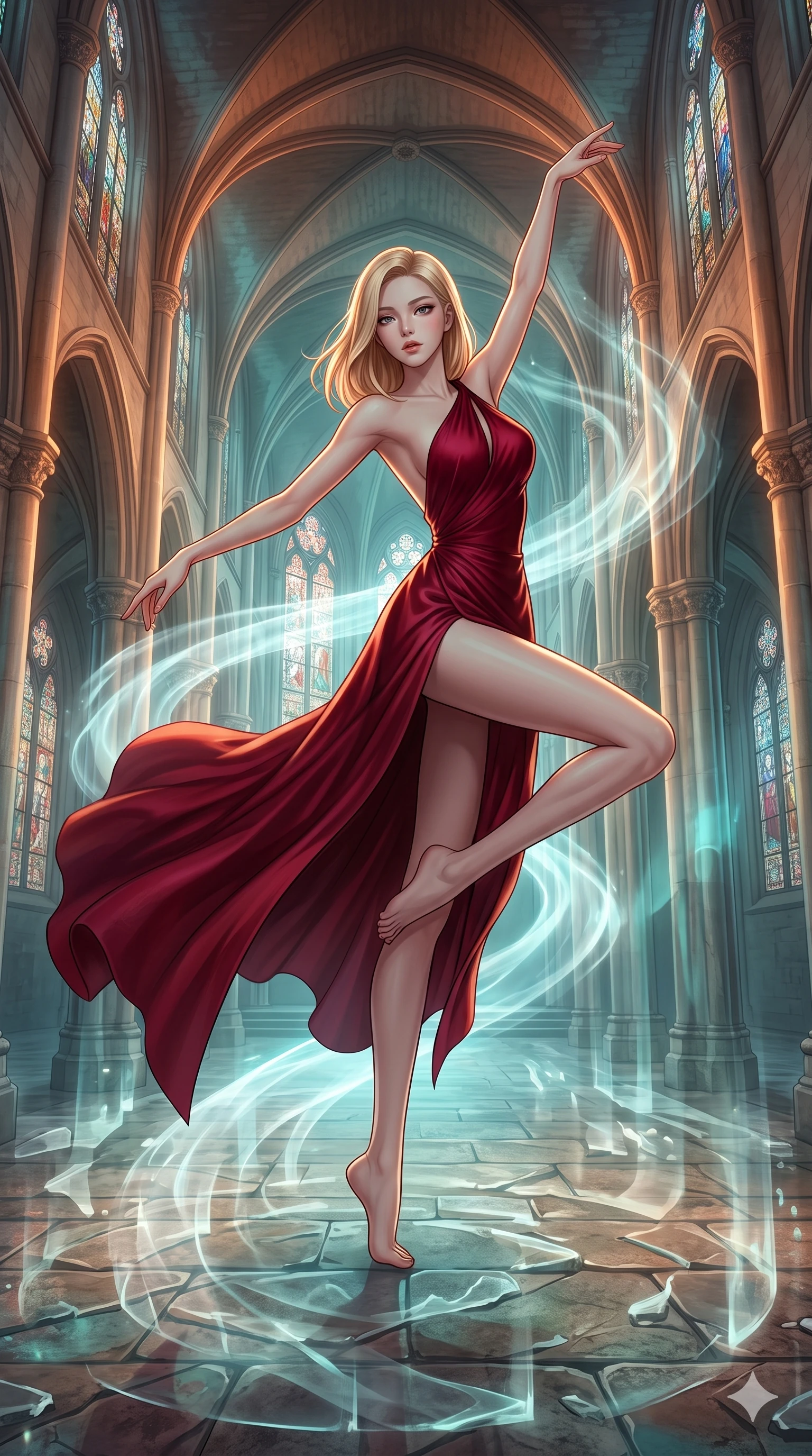 score_9, masterpiece, best quality, ultra-detailed, high-budget anime keyframe, editorial fashion photography, tasteful artistic composition, Korean woman. low angle full-body shot from head to toe showing her feet, filling the entire 9:16 vertical frame with her statuesque presence, stretching her vertical silhouette. dancing with weightless grace through a cathedral that exists simultaneously in physical and astral planes with ghostly double-images of every surface stained-glass windows showing different realities and translucent spirit light flowing through the nave. She has a statuesque 8.5-heads proportion, an exceptionally tall, slender and willowy model-like build with impossibly long legs and a highly sculpted ultra-slim waist. sharp v-shaped jawline, high-bridge nose, intricate jewel-like eyes with depth, thick eyelashes, glossy lips with a natural sheen. wearing a high-slit evening gown in deep crimson silk, featuring an asymmetric one-shoulder design and a bare back. warm amber rim lighting combined with cool teal fill light creating dramatic contrast. 2k, ultra detail, master piece, 9:16 ratio