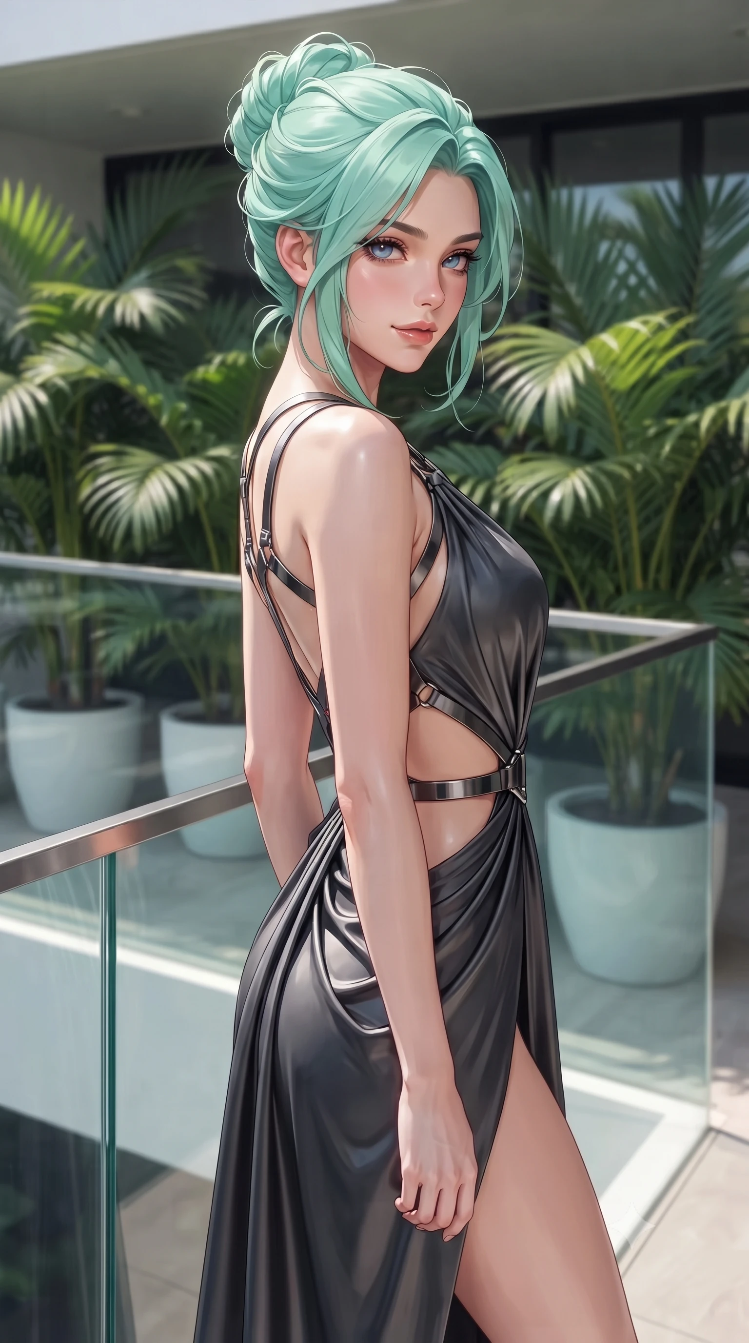 score_9, masterpiece, best quality, ultra-detailed, high-budget anime keyframe, editorial fashion photography, tasteful artistic composition, Japanese woman. close-up cowboy shot from the waist and thighs up, the character dominates the composition, filling the frame with her large presence, background elements kept in soft focus. Glancing sidelong over her shoulder with a smoldering, enigmatic half-smile, standing beside a glass balustrade surrounded by potted lush tropical palms, dewy natural skin finish with glossy lips and thick dark lashes. She has an exceptionally elegant, slender, and willowy female figure with an ultra-slim waist, a gracefully sculpted slender torso, and a refined silhouette. sharp v-shaped jawline, high-bridge nose, intricate jewel-like eyes with depth, thick eyelashes, glossy lips with a natural sheen. wearing draped obsidian silk gown featuring tasteful waist slit cutouts in dark charcoal gray, made of liquid dark mercury jersey, highlighted by a gunmetal metallic harness structure, accentuating her gracefully sculpted slender torso. lit by intense midday key rays highlighting her statuesque form. highly saturated vibrant anime colors, detailed shading with soft gradients, rich glossy textures, high-contrast stereoscopic depth, volumetric dynamic lighting, master piece, 9:16 ratio