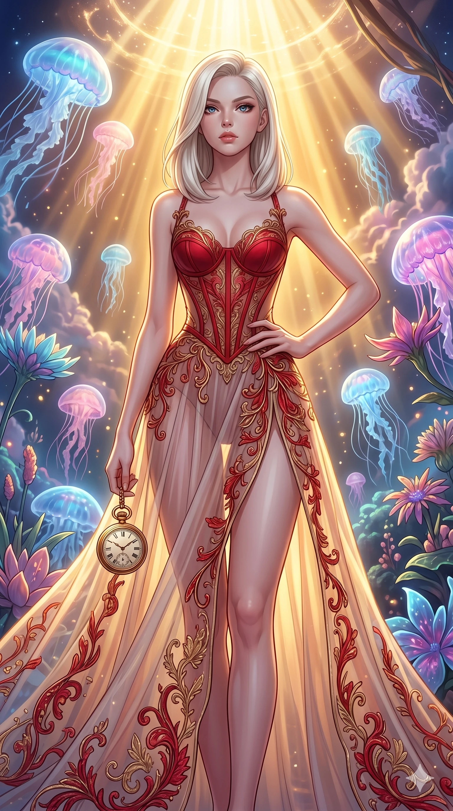 score_9, masterpiece, best quality, ultra-detailed, high-budget anime keyframe, editorial fashion photography, tasteful artistic composition, Caucasian woman, strictly human ears. cowboy shot from the thighs up, character and outfit filling the frame for maximum editorial presence. holding a golden pocket watch, looking past the camera with a focused expression in a bioluminescent sky garden with floating translucent jellyfish clouds (Code-P18-169). She has an absolutely perfect 8-heads proportion, an exceptionally tall and slender female figure with impossibly long slender legs and an ultra-slim waist. V-shaped jawline, high-bridge nose, intricate jewel-like eyes with depth, thick eyelashes, glossy lips with a natural sheen. wearing a sheer chiffon dress with a red corset bodice. brilliant golden rays from the ceiling, creating a warm glowing aura on her silhouette. 2k, ultra detail, master piece, 9:16 ratio