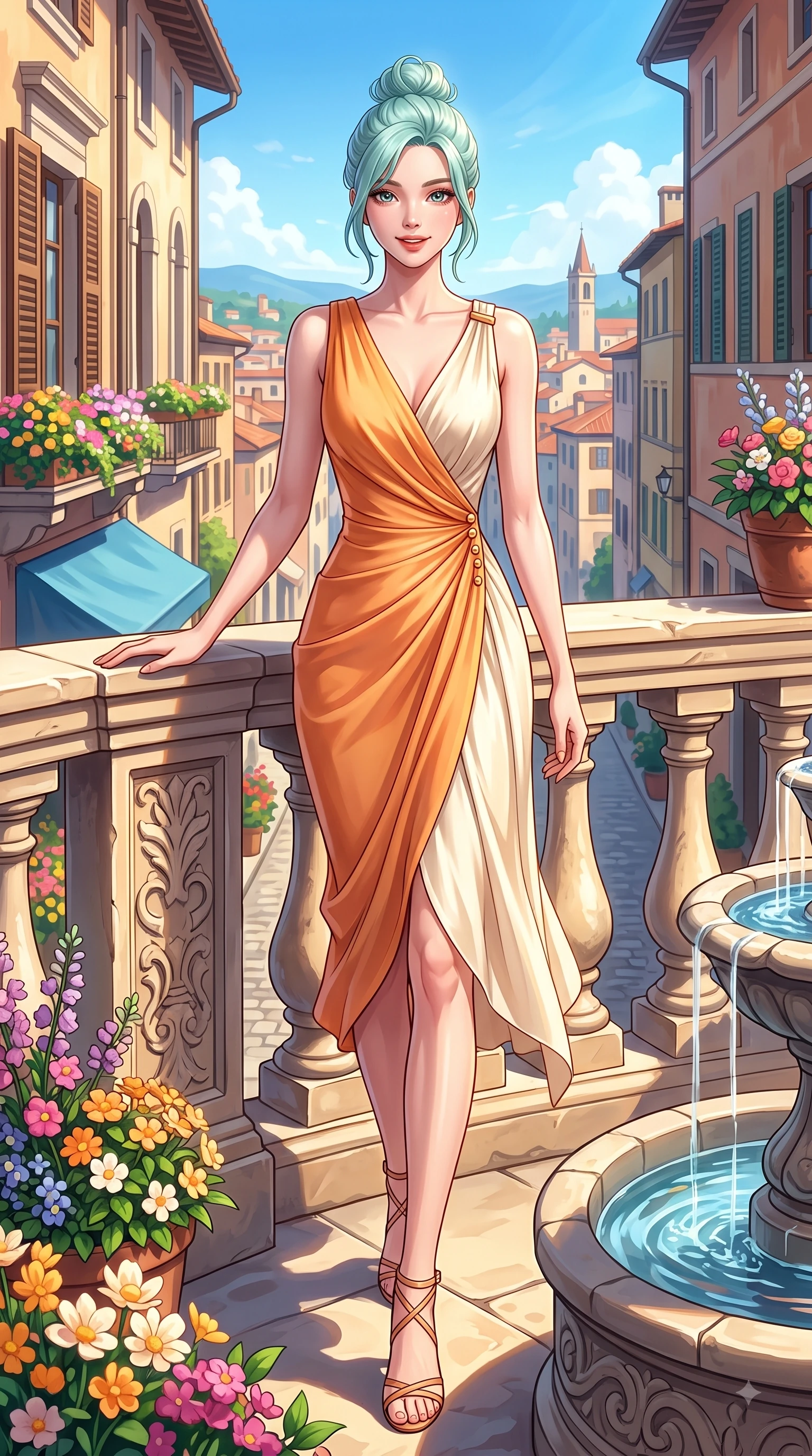 score_9, masterpiece, best quality, ultra-detailed, high-budget anime keyframe, editorial fashion photography, tasteful artistic composition, Japanese woman. low angle full-body shot from head to toe showing her feet, filling the entire 9:16 vertical frame with her statuesque presence, stretching her vertical silhouette. stepping forward gracefully in mid-motion with a delighted cute expression, displaying her statuesque model proportions while leaning against a sunlit stone balustrade overlooking a picturesque old town view. The surrounding environment is rendered in vivid detail and crisp panoramic clarity. vibrant flower displays, fountain water ripples, and crisp architectural shadows in high clarity. She has an absolutely perfect, statuesque 8.5-heads proportion, an exceptionally tall and slender model-like female figure with impossibly long slender legs and an ultra-slim waist. sharp v-shaped jawline, high-bridge nose, intricate jewel-like eyes with depth, thick eyelashes, glossy lips with a natural sheen, flawlessly proportioned anatomical accuracy, natural body alignment, perfectly sculpted elegant limbs, clean dynamic posture without body distortion. wearing an asymmetrical draped chiffon midi dress with a sleek shoulder accent in warm apricot orange and cream white, crafted from smooth liquid silk satin, adorned with delicate gold buttons along the front, the tailored fabric tightly following every curve of her athletic build. surrounded by a romantic, timeless, and scenic European street ambiance. highly saturated vibrant anime colors, detailed shading with soft gradients, rich glossy textures, high-contrast stereoscopic depth, volumetric dynamic lighting, master piece, 9:16 ratio