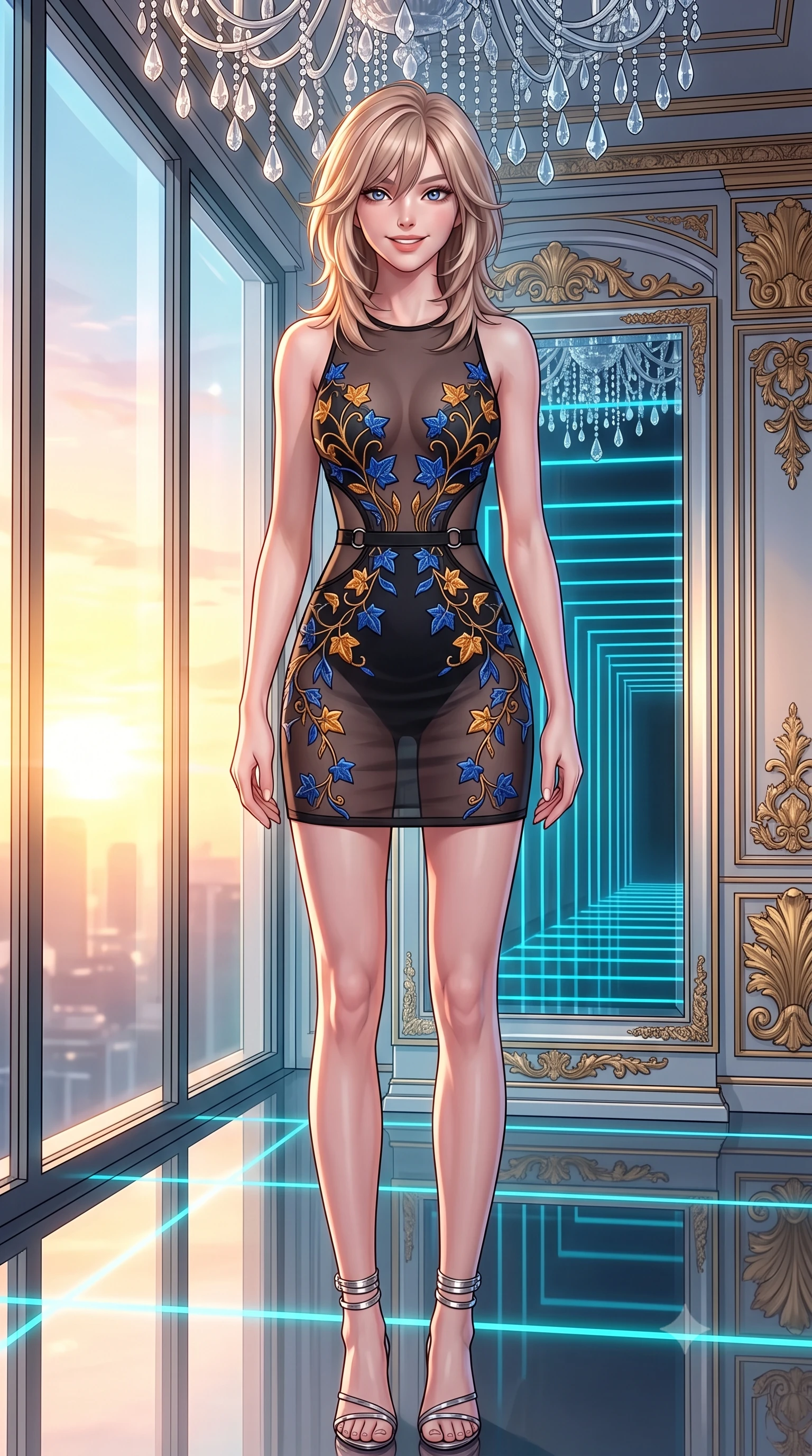 score_9, masterpiece, best quality, ultra-detailed, high-budget anime keyframe, semi-realistic 3D game render, editorial fashion photography, tasteful artistic composition, Japanese woman. low angle full-body shot from head to toe showing her feet, filling the entire 9:16 vertical frame with her statuesque presence, stretching her vertical silhouette. posing in a classic haute-couture S-curve stance beside the floor-to-ceiling window, looking over a bare shoulder with magnetic presence while standing poised in the infinite smart-mirror gallery reflecting endless recursive laser corridors, arching her spine with breathtaking anime heroine allure. The surrounding environment is rendered in vivid detail and crisp panoramic clarity: sharp crystal chandelier drops, recursive smart-mirror frame bevels, and gilded acanthus leaf carvings in deep focus. She has an exceptionally tall and slender model-like 8.5-heads proportion, an ultra-slim waist, a flat toned midriff, narrow delicate ribcage, and beautifully sculpted feminine hips creating a graceful, slim hourglass silhouette without any bulky heaviness, with impossibly long slender legs. sharp v-shaped jawline, high-bridge nose, intricate jewel-like sparkling eyes with depth, thick eyelashes, glossy parted lips with a natural peach sheen, bright cheerful beaming smile with an enchanting and coquettish sensual glint, exuding both youthful cute charm and seductive allure, flawlessly proportioned anatomical accuracy, strict slender model proportions, natural body alignment, perfectly sculpted long slender limbs, ultra-slim waistline, clean dynamic posture without body distortion. wearing a provocative sheer noir illusion mesh cocktail dress with embroidered climbing metallic ivy contouring her curves in Jovian amber and electric storm cobalt, adorned with delicate chrome ring hardware and cutouts along her slender waist, complemented by strappy stiletto sandals with metallic ankle wraps accentuating her slender calves, the impeccably tailored cut draping gracefully along her slender figure with aristocratic poise. bathed in the blinding golden hour 2800K palace sunset mixed with delicate cyan laser grid lines. highly saturated vibrant anime colors, detailed shading with soft gradients, rich glossy textures, high-contrast stereoscopic depth, volumetric dynamic lighting, master piece, 9:16 ratio