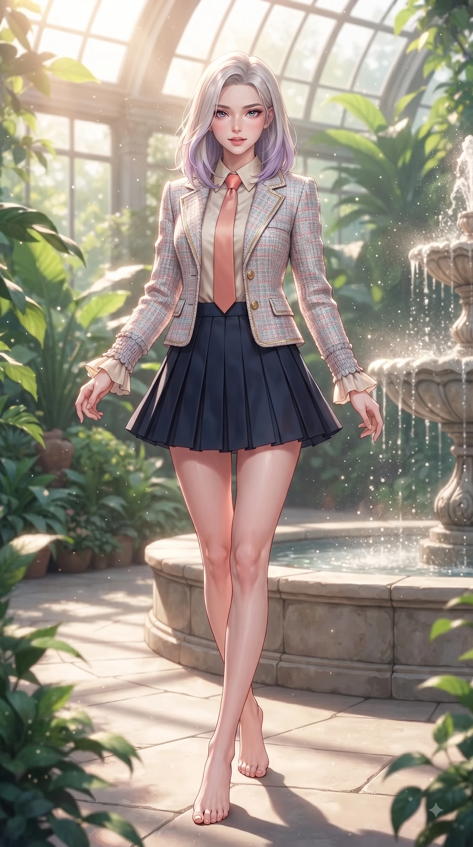 score_9, masterpiece, best quality, ultra-detailed, high-budget anime keyframe, editorial fashion photography, tasteful artistic composition, Caucasian woman. low angle full-body shot from head to toe showing her feet, filling the entire 9:16 vertical frame with her statuesque presence, stretching her vertical silhouette. stepping forward gracefully in mid-motion with a delighted cute expression, displaying her statuesque model proportions while pivoting gracefully near a gentle stone fountain as mist particles catch brilliant morning sunbeams. The surrounding environment is rendered in vivid detail and crisp panoramic clarity. rich emerald plant textures and sunlit conservatory walkways showcased with environmental sharpness. She has an absolutely perfect, statuesque 8.5-heads proportion, an exceptionally tall and slender model-like female figure with impossibly long slender legs and an ultra-slim waist. sharp v-shaped jawline, high-bridge nose, intricate jewel-like eyes with depth, thick eyelashes, glossy lips with a natural sheen, flawlessly proportioned anatomical accuracy, natural body alignment, perfectly sculpted elegant limbs, clean dynamic posture without body distortion. wearing a preppy academy blazer over a crisp collared shirt, navy pleated skirt, and a slim necktie in warm coral pink and champagne ivory, tailored from soft pastel tweed with subtle metallic thread, accented with soft smocked details and fluttery cuffs, the chic real-way fashion cut emphasizing her effortless charm. surrounded by a peaceful, sun-drenched, and healing greenhouse atmosphere. ultra-reflective glossy finish, specular highlights, metallic sheen, high-contrast stereoscopic depth, volumetric dynamic lighting, 2k, ultra detail, master piece, 9:16 ratio
