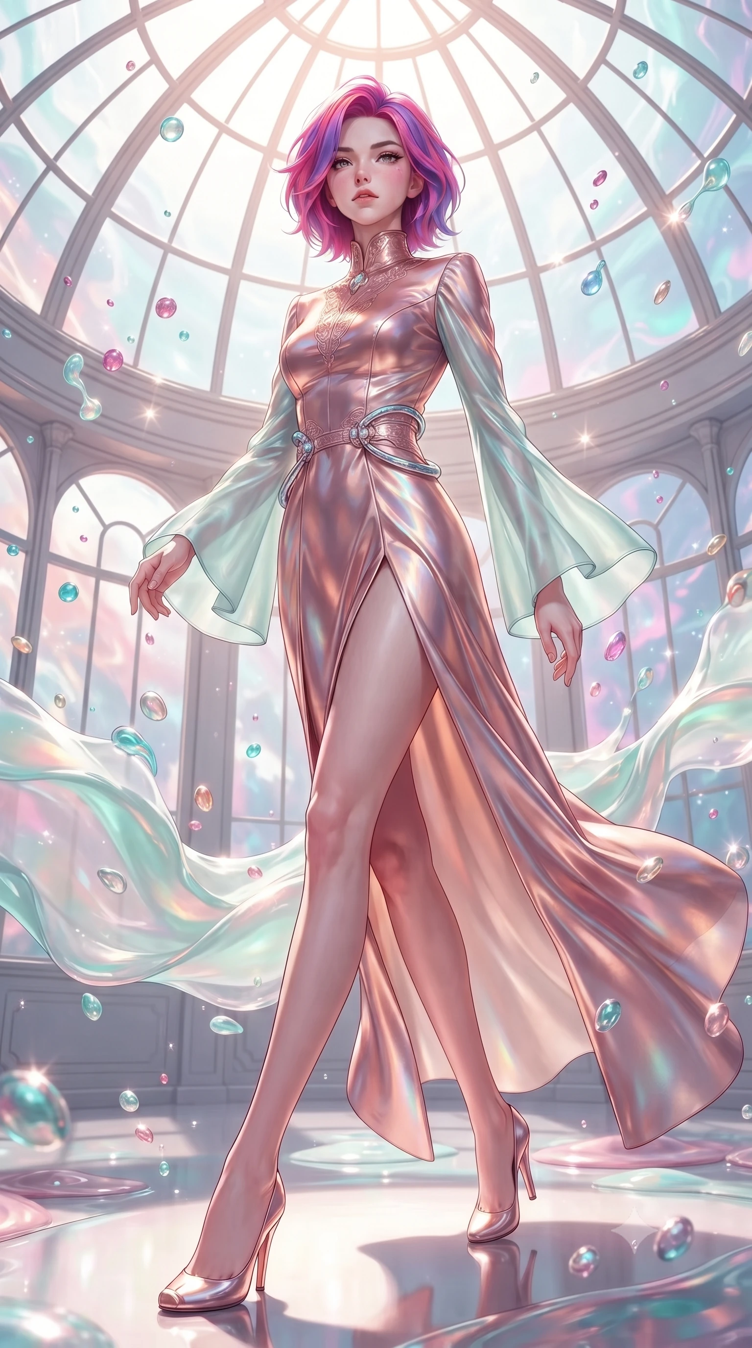 score_9, masterpiece, best quality, ultra-detailed, high-budget anime keyframe, editorial fashion photography, tasteful artistic composition, Caucasian woman. low angle full-body shot from head to toe showing her feet, filling the entire 9:16 vertical frame with her statuesque presence, stretching her vertical silhouette. stepping gracefully through the radiant environment, stretching her statuesque silhouette, standing inside a glass-domed art atelier filled with floating liquid opal paint swirls, vibrant paint droplets frozen in time casting specular highlights. She has an absolutely perfect, statuesque 8.5-heads proportion, an exceptionally tall and slender model-like female figure with impossibly long slender legs and an ultra-slim waist. sharp v-shaped jawline, high-bridge nose, intricate jewel-like eyes with depth, thick eyelashes, glossy lips with a natural sheen. wearing gothic high-collar rose-gold silk evening gown with long bell sleeves in pale opal seafoam, made of iridescent hologram organza, accented with sculpted opal chrome rings at the waist, sculpting her athletic slender build with refined precision. bathed in high-contrast vibrant studio lighting with sharp specular highlights. ultra-reflective glossy finish, specular highlights, metallic sheen, high-contrast stereoscopic depth, volumetric dynamic lighting, 2k, ultra detail, master piece, 9:16 ratio