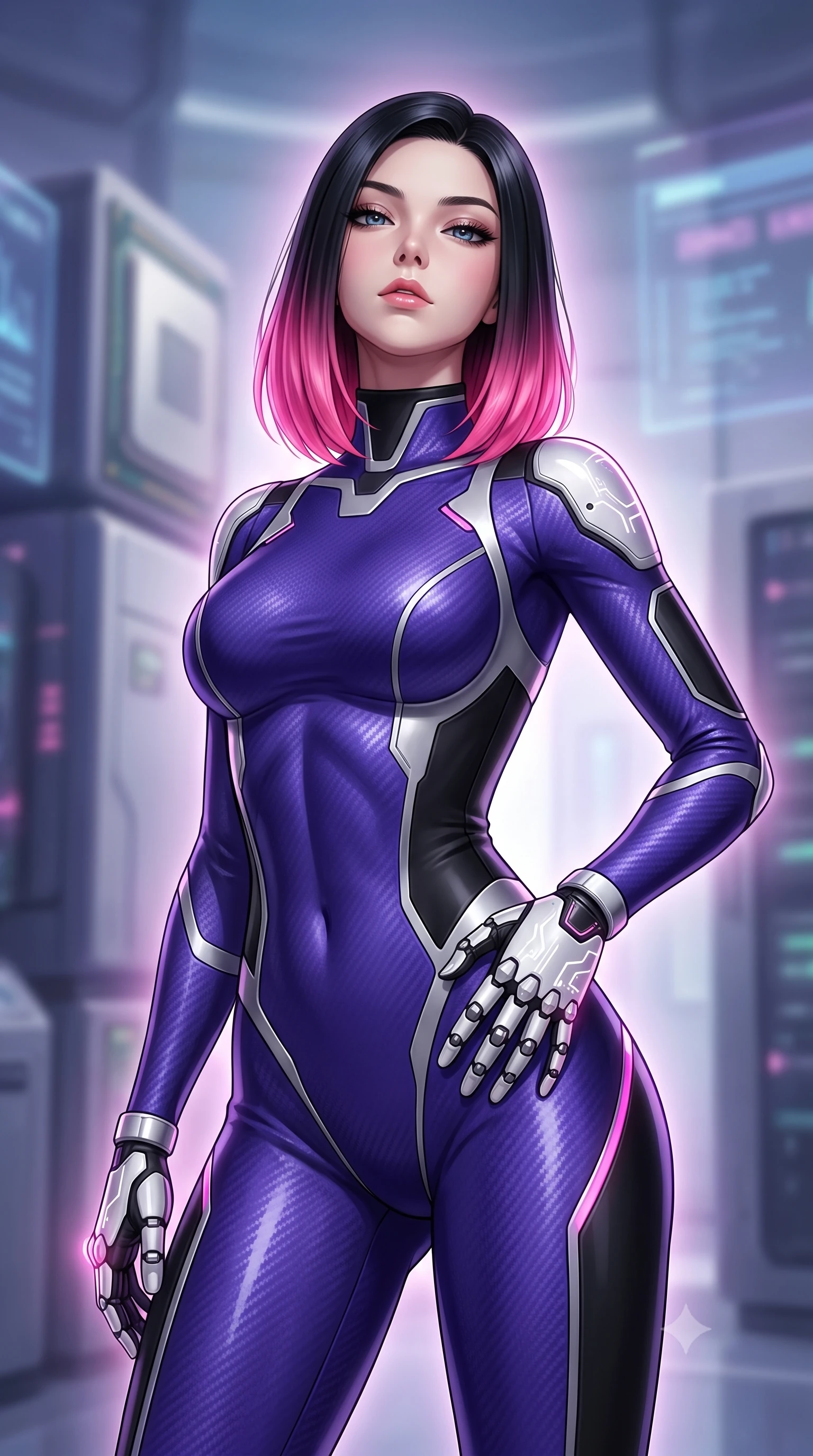 score_9, masterpiece, best quality, ultra-detailed, high-budget anime keyframe, semi-realistic 3D game render, editorial fashion photography, tasteful artistic composition, Korean woman. close-up cowboy shot from the waist and thighs up, the character dominates the composition, filling the frame with her large presence. tilting her head back with serene warrior composure, her sharp jawline and sculpted collarbones highlighted by glowing neon kinetic knuckles while resting one hand along her slender hip while gazing into the lens with an omniscient, dangerous martial smolder. The composition keeps background elements in soft focus with creamy bokeh. supercomputer processor towers and holographic interface walls softened in dreamy atmospheric depth. She has an exceptionally elegant, slender, and willowy female figure with an ultra-slim waist, a gracefully sculpted slender torso, toned flat midriff, and a refined slim silhouette. sharp v-shaped jawline, high-bridge nose, intricate jewel-like eyes with depth, thick eyelashes, glossy lips with a natural sheen, flawlessly proportioned anatomical accuracy, strict slender model proportions, natural body alignment, perfectly sculpted long slender limbs, ultra-slim waistline, clean dynamic posture without body distortion. wearing a precision-fitted royal purple carbon-fiber martial arts suit with silver accents and glowing micro-circuit knuckle plating in monochrome white enamel carbon with high-contrast black panels, made of liquid carbon-jersey fabric adhering flawlessly to her sculpted silhouette, detailed with magnetic knuckle shock-absorbers and polished chrome articulation joints, the glove-like aerodynamic second-skin fit tightly clinging to her ultra-slender waist and athletic curves without adding bulk, accentuating her razor-sharp statuesque lines and slim hourglass silhouette. surrounded by an omniscient, divine, and radiantly transcendent martial muse aura. rich saturated anime colors with glowing neon highlights, detailed shading with soft gradients, rich glossy textures, high-contrast stereoscopic depth, volumetric dynamic lighting, master piece, 9:16 ratio