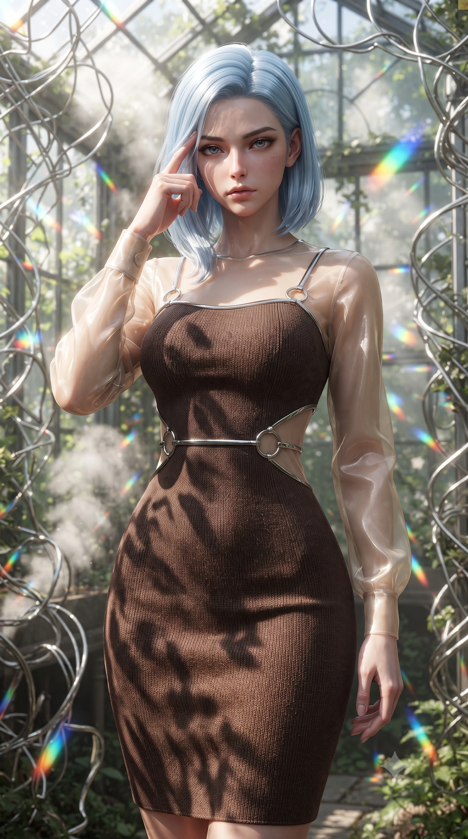 score_9, masterpiece, best quality, ultra-detailed, high-budget anime keyframe, editorial fashion photography, tasteful artistic composition, Korean woman. close-up cowboy shot from the waist and thighs up, the character dominates the composition, filling the frame with her large presence, background elements kept in soft focus. Pressing two fingers to her temple in a composed thoughtful gesture with an air of magnetic charisma forging through an overgrown greenhouse filled with platinum wire lattices, steam clouds refracting sunlight into brilliant rainbow prisms. She has an exceptionally elegant, slender, and willowy female figure with an ultra-slim waist, a gracefully sculpted slender torso, and a refined silhouette. sharp v-shaped jawline, high-bridge nose, intricate jewel-like eyes with depth, thick eyelashes, glossy lips with a natural sheen. wearing a sleek bodycon knit dress with sheer organza sleeve panels in espresso brown and warm cream, woven from fine semi-opaque sheer organza, accented with delicate chrome ring hardware framing her waist, the form-contouring material highlighting her ultra-slim waist and long lines. illuminated by brilliant sunbeams casting organic leaf stencil shadows. ultra-reflective glossy finish, specular highlights, metallic sheen, high-contrast stereoscopic depth, volumetric dynamic lighting, 2k, ultra detail, master piece, 9:16 ratio