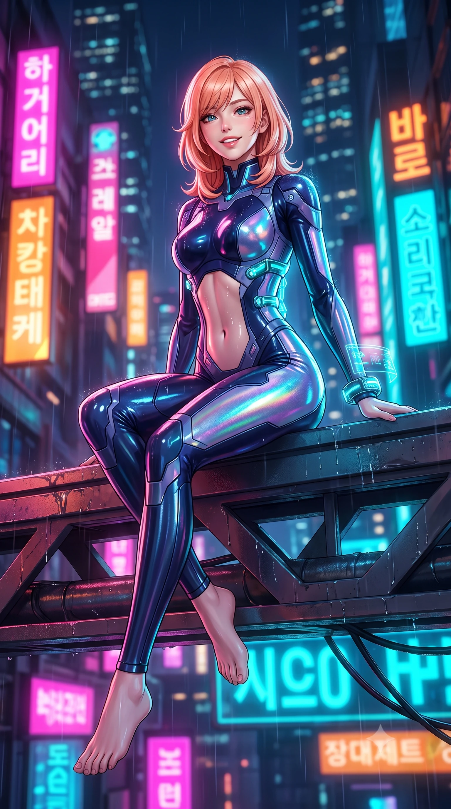 score_9, masterpiece, best quality, ultra-detailed, high-budget anime keyframe, semi-realistic 3D game render, editorial fashion photography, tasteful artistic composition, Japanese woman. low angle full-body shot from head to toe showing her feet, filling the entire 9:16 vertical frame with her statuesque presence, stretching her vertical silhouette. sitting perched on the elevated maintenance gantry edge with legs crossed and hips angled toward the camera, displaying her toned midriff and long slender limbs with joyful, coquettish charm while twisting her slender torso in an alluring S-curve as warm cyber-city rain glistens on her tight suit, highlighting her curvy hips and waist. The background shows a soft-focus towering futuristic Neo-Seoul mega-skyscrapers with vertical Korean holographic billboards blurred into magenta, amber, and laser turquoise bokeh. She has an absolutely perfect, statuesque 8.5-heads proportion, an exceptionally tall and slender model-like female figure with impossibly long slender legs, an ultra-slim waist, a flat toned midriff, narrow delicate ribcage, and beautifully sculpted feminine hips creating a graceful, slim hourglass silhouette without any bulky heaviness. sharp v-shaped jawline, high-bridge nose, intricate jewel-like sparkling eyes with depth, thick eyelashes, glossy parted lips with a natural sheen, bright confident smile with an enchanting and coquettish sensual glint, exuding both youthful magnetic charm and sovereign high-tech allure, flawlessly proportioned anatomical accuracy, strict slender model proportions, natural body alignment, perfectly sculpted long slender limbs, ultra-slim waistline, clean dynamic posture without body distortion. wearing a form-contouring exo-suit chassis with glowing cyan hydraulic spine braces worn over an ultra-slim bodysuit in midnight navy blue and holographic iridescent shimmer, tailored from ultra-reflective glossy liquid vinyl with mirror-like specular highlights, featuring sleek glowing cyan HUD display wrist cuffs with floating data telemetry, the aerodynamic second-skin silhouette tightly following the natural contour of her hips and long slender legs with youthful 8.5-heads elegance. bathed in intense saturated magenta and electric cyan billboard reflections bouncing off wet asphalt. highly saturated vibrant anime colors, detailed shading with soft gradients, rich glossy textures, high-contrast stereoscopic depth, volumetric dynamic lighting, master piece, 9:16 ratio
