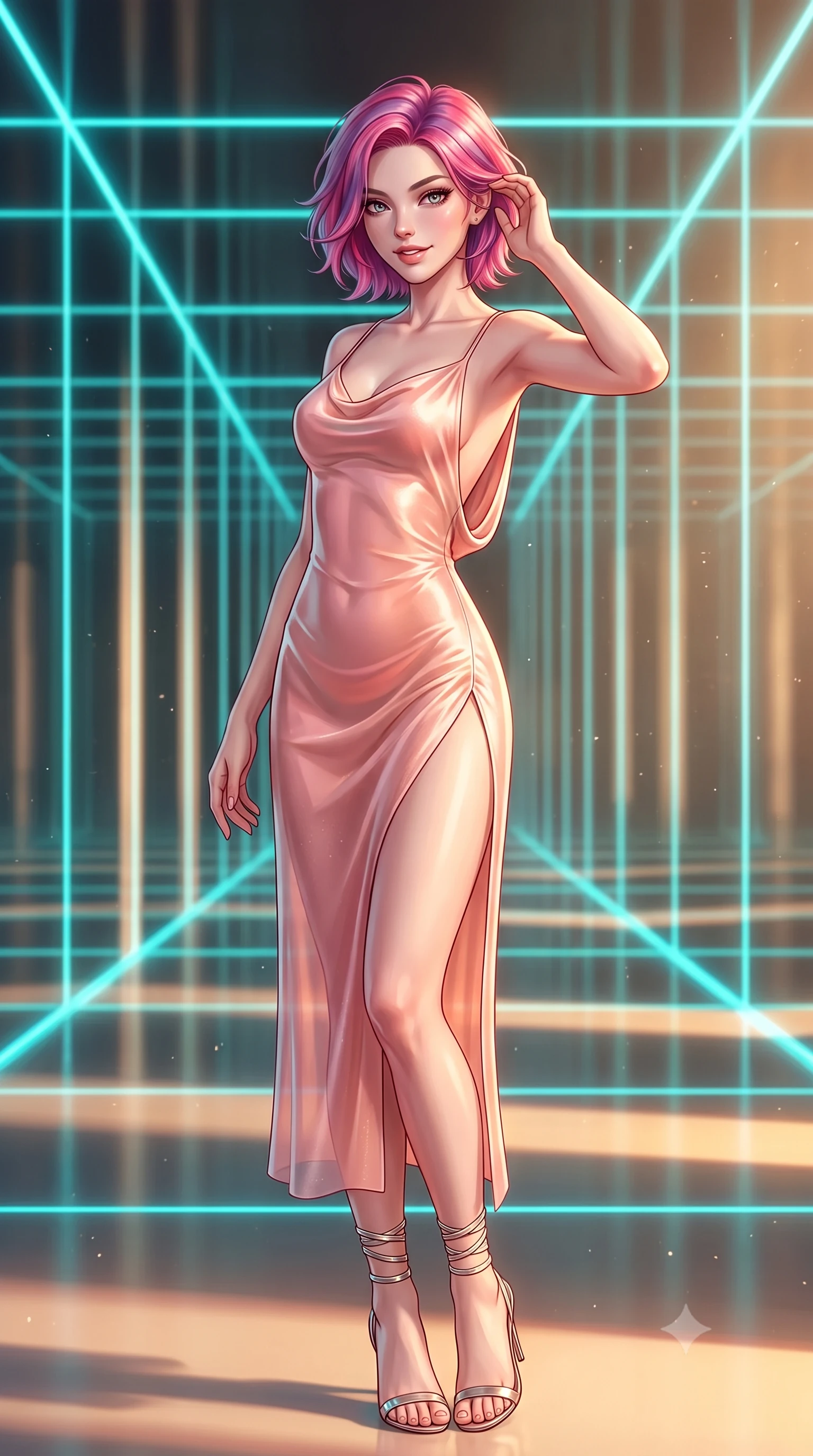 score_9, masterpiece, best quality, ultra-detailed, high-budget anime keyframe, semi-realistic 3D game render, editorial fashion photography, tasteful artistic composition, Caucasian woman. close-up cowboy shot from the waist and thighs up, the character dominates the composition, filling the frame with her large presence. gently brushing a lock of hair behind her ear while casting a playful, flirtatious side-gaze with long eyelashes while standing poised in the infinite smart-mirror gallery reflecting endless recursive laser corridors, arching her spine with breathtaking anime heroine allure. The background shows a soft-focus golden hour dust motes softened in cybernetic Versailles mirror hall shallow focus. She has an exceptionally elegant, slender, and willowy female figure with an ultra-slim waist, flat toned midriff, narrow ribcage, and sculpted feminine hips creating an alluring, slim hourglass silhouette without bulk. sharp v-shaped jawline, high-bridge nose, intricate jewel-like sparkling eyes with depth, thick eyelashes, glossy parted lips with a natural peach sheen, bright cheerful beaming smile with an enchanting and coquettish sensual glint, exuding both youthful cute charm and seductive allure, flawlessly proportioned anatomical accuracy, strict slender model proportions, natural body alignment, perfectly sculpted long slender limbs, ultra-slim waistline, clean dynamic posture without body distortion. wearing a form-contouring gossamer silk chiffon slip dress with a hip-high slit and open cowl back clinging with dewy moisture in Solaris liquid rose-quartz and alien peach, tailored from high-density tech-wool with subtle metallic thread weave, complemented by strappy stiletto sandals with metallic ankle wraps accentuating her slender calves, the high-slit wrap tailoring accentuating her ultra-slim waistline and the enchanting curve of her feminine hips with alluring seductive charm. bathed in the blinding golden hour 2800K palace sunset mixed with delicate cyan laser grid lines. highly saturated vibrant anime colors, detailed shading with soft gradients, rich glossy textures, high-contrast stereoscopic depth, volumetric dynamic lighting, master piece, 9:16 ratio