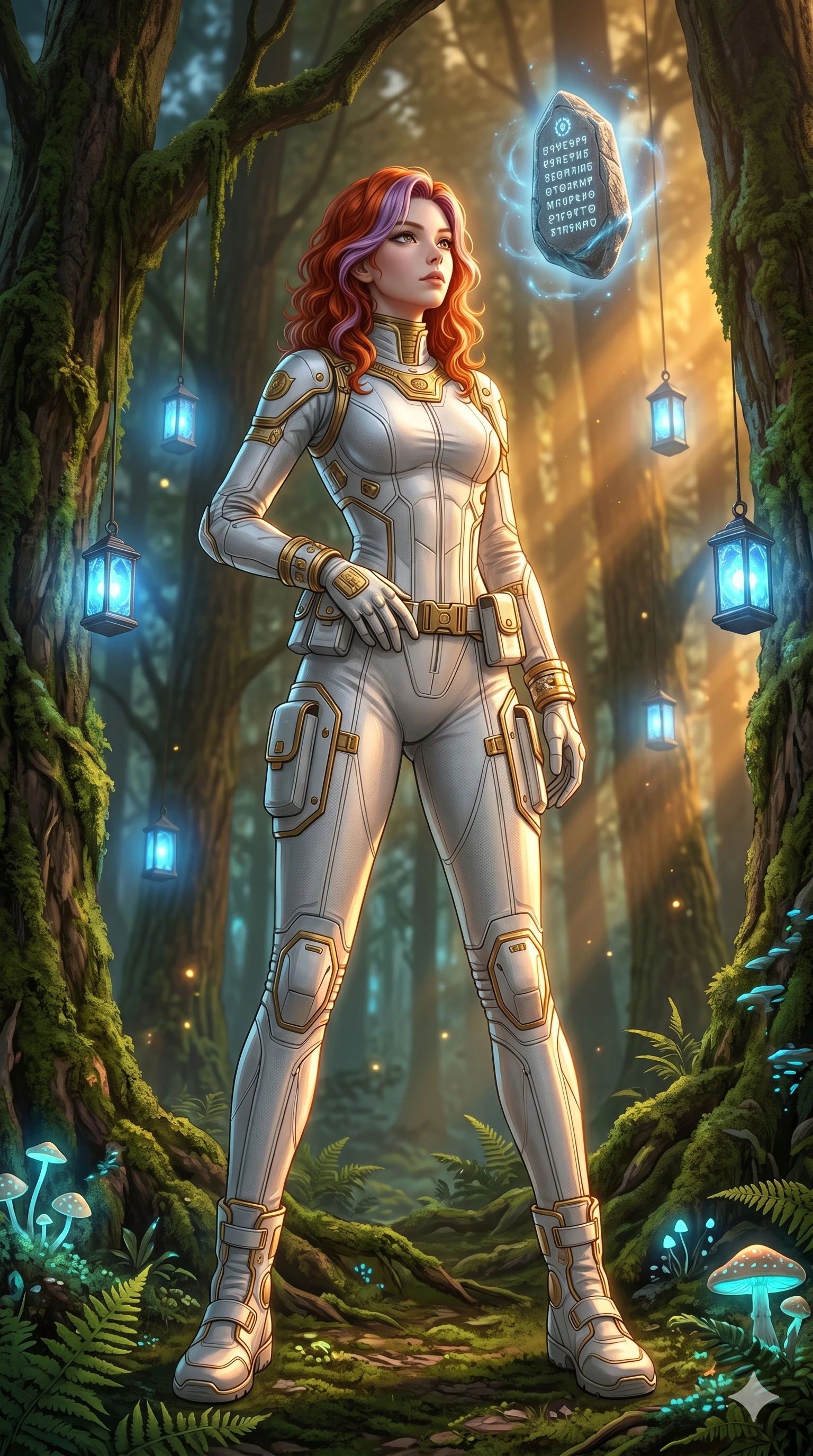 score_9, masterpiece, best quality, ultra-detailed, high-budget anime keyframe, editorial fashion photography, tasteful artistic composition, Caucasian woman, strictly human ears. low angle full-body shot from head to toe showing her feet, filling the entire 9:16 vertical frame with her statuesque presence, stretching her vertical silhouette. gazing at a floating runestone, her expression composed, intelligent and powerful inside a sacred forest with glowing blue floating lanterns at dusk (Code-P18-053). She has an absolutely perfect 8-heads proportion, an exceptionally tall and slender female figure with impossibly long slender legs and an ultra-slim waist. V-shaped jawline, high-bridge nose, intricate jewel-like eyes with depth, thick eyelashes, glossy lips with a natural sheen. wearing a structured high-neck pilot suit with gold accents. drenched in brilliant afternoon sunshine, casting warm rays that trace her athletic build. 2k, ultra detail, master piece, 9:16 ratio