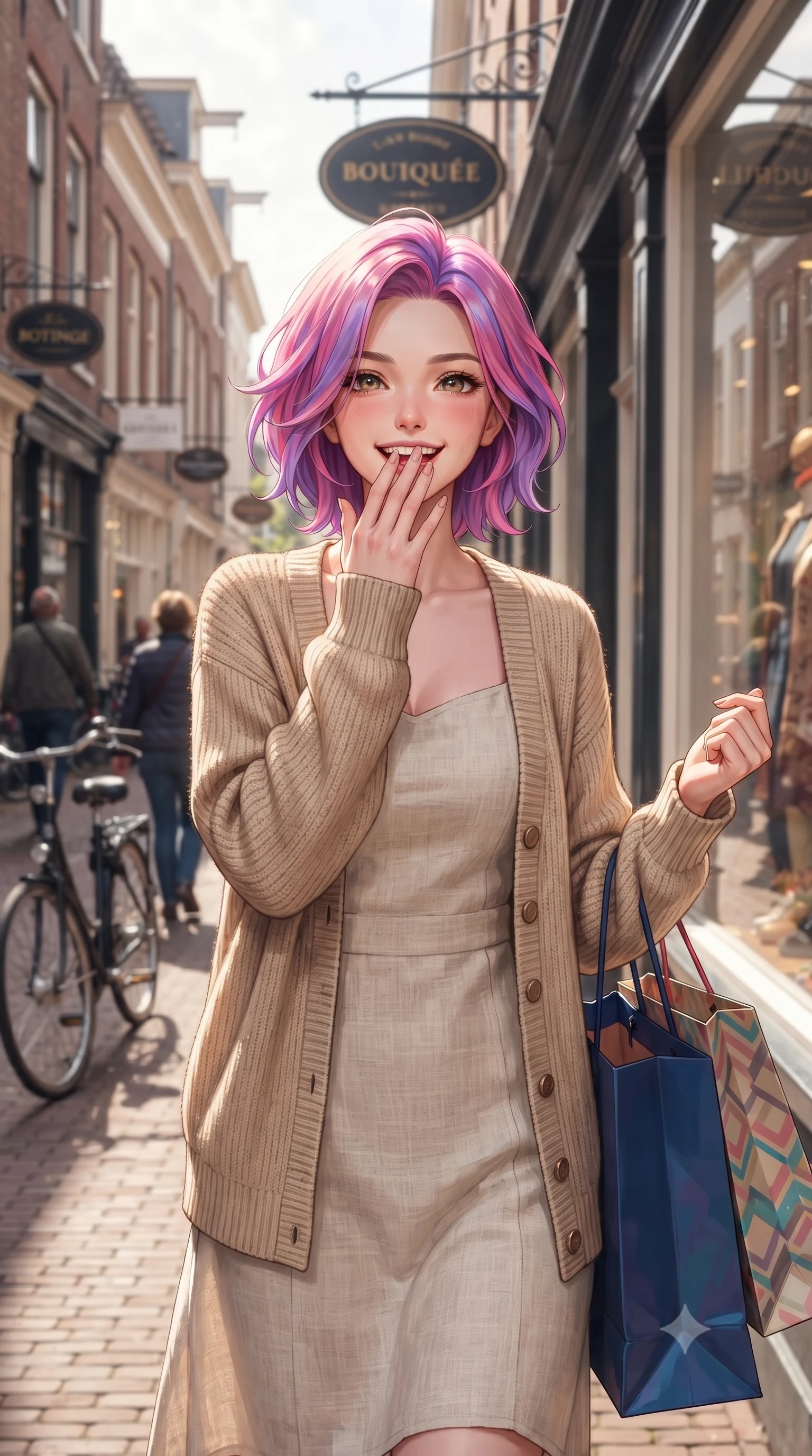 score_9, masterpiece, best quality, ultra-detailed, high-budget anime keyframe, editorial fashion photography, tasteful artistic composition, Caucasian woman. close-up cowboy shot from the waist and thighs up, the character dominates the composition, filling the frame with her large presence, background elements kept in soft focus. giggling cutely behind her hand, her eyes sparkling with joy and bright energy set against a soft-focus background of walking along a historic street lined with brick boutiques and vintage signs carrying a couple of colorful shopping bags with a happy, excited look. She has an exceptionally elegant, slender, and willowy female figure with an ultra-slim waist, a gracefully sculpted slender torso, and a refined silhouette. sharp v-shaped jawline, high-bridge nose, intricate jewel-like eyes with depth, thick eyelashes, glossy lips with a natural sheen. wearing body-hugging cozy knit cardigan in beige, layered over a casual linen dress. bright afternoon sunbeams creating sharp reflections on the glass shop windows. highly saturated vibrant anime colors, detailed shading with soft gradients, rich glossy textures, high-contrast stereoscopic depth, volumetric dynamic lighting, master piece, 9:16 ratio