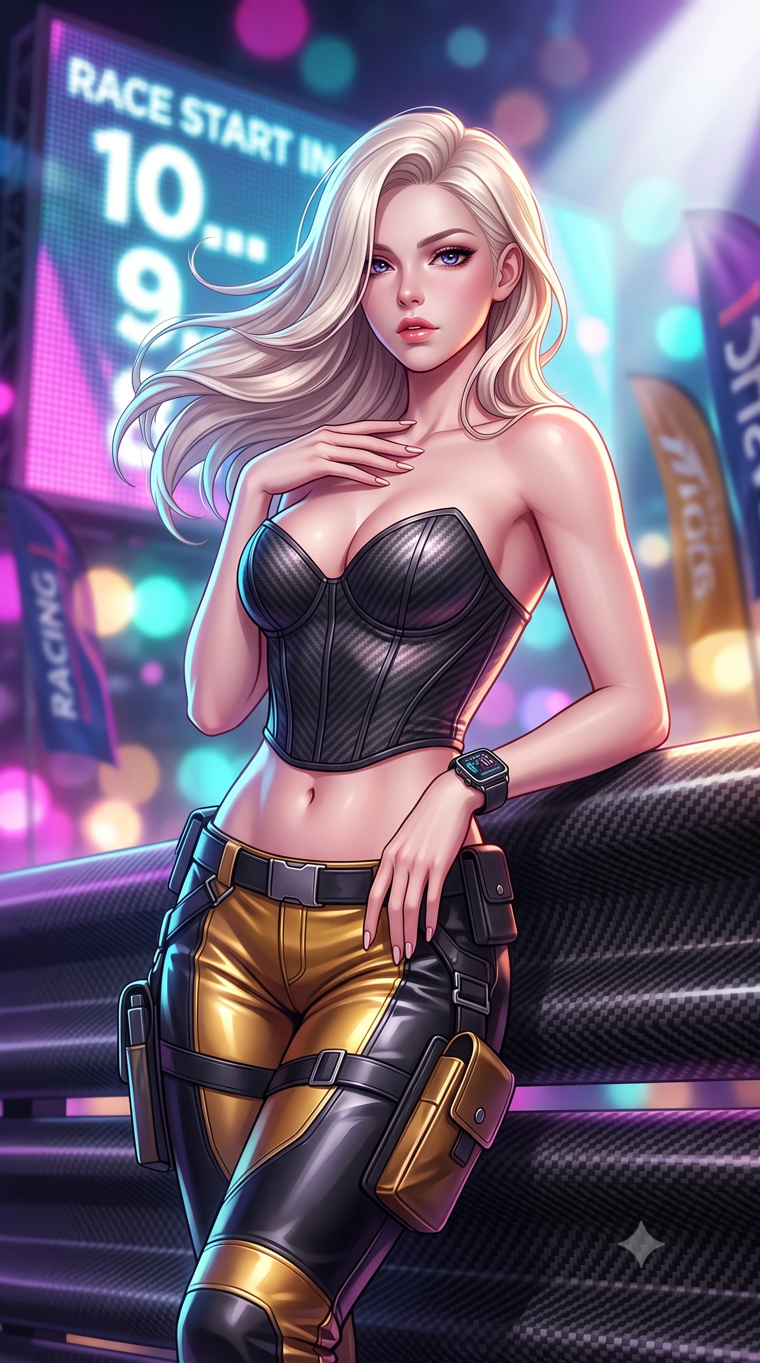 score_9, masterpiece, best quality, ultra-detailed, high-budget anime keyframe, semi-realistic 3D game render, editorial fashion photography, tasteful artistic composition, Caucasian woman. close-up cowboy shot from the waist and thighs up, the character dominates the composition, filling the frame with her large presence. resting one manicured hand delicately on her bare collarbone, her upper body twisting in a fluid, voluptuous yet slender curve while leaning against a heavy track barrier, tossing her hair over one shoulder as wind whips the racing circuit banners. The composition keeps background elements in soft focus with creamy bokeh. giant LED jumbotron race countdown graphics and sweeping searchlights blurred into electric magenta, turquoise, and gold bokeh. She has an exceptionally elegant, slender, and willowy female figure with an ultra-slim waist, a gracefully sculpted slender torso, toned flat midriff, and a refined slim silhouette. sharp v-shaped jawline, high-bridge nose, intricate jewel-like eyes with depth, thick eyelashes, glossy parted lips with a natural sheen, intensely captivating and seductive expression, flawlessly proportioned anatomical accuracy, strict slender model proportions, natural body alignment, perfectly sculpted long slender limbs, ultra-slim waistline, clean dynamic posture without body distortion. wearing a deconstructed carbon-fiber corset top paired with low-slung leather utility trousers in metallic liquid gold and obsidian black, formed from ultra-sleek carbon-fiber reinforced composite with specular sheen, equipped with a low-slung utility holster and racing telemetry smartwatch, the athletic second-skin cut highlighting her toned flat midriff and slender model proportions during dynamic action. bathed in dynamic color-shifting LED race lights and sweeping white spotlight fill. highly saturated vibrant anime colors, detailed shading with soft gradients, rich glossy textures, high-contrast stereoscopic depth, volumetric dynamic lighting, master piece, 9:16 ratio