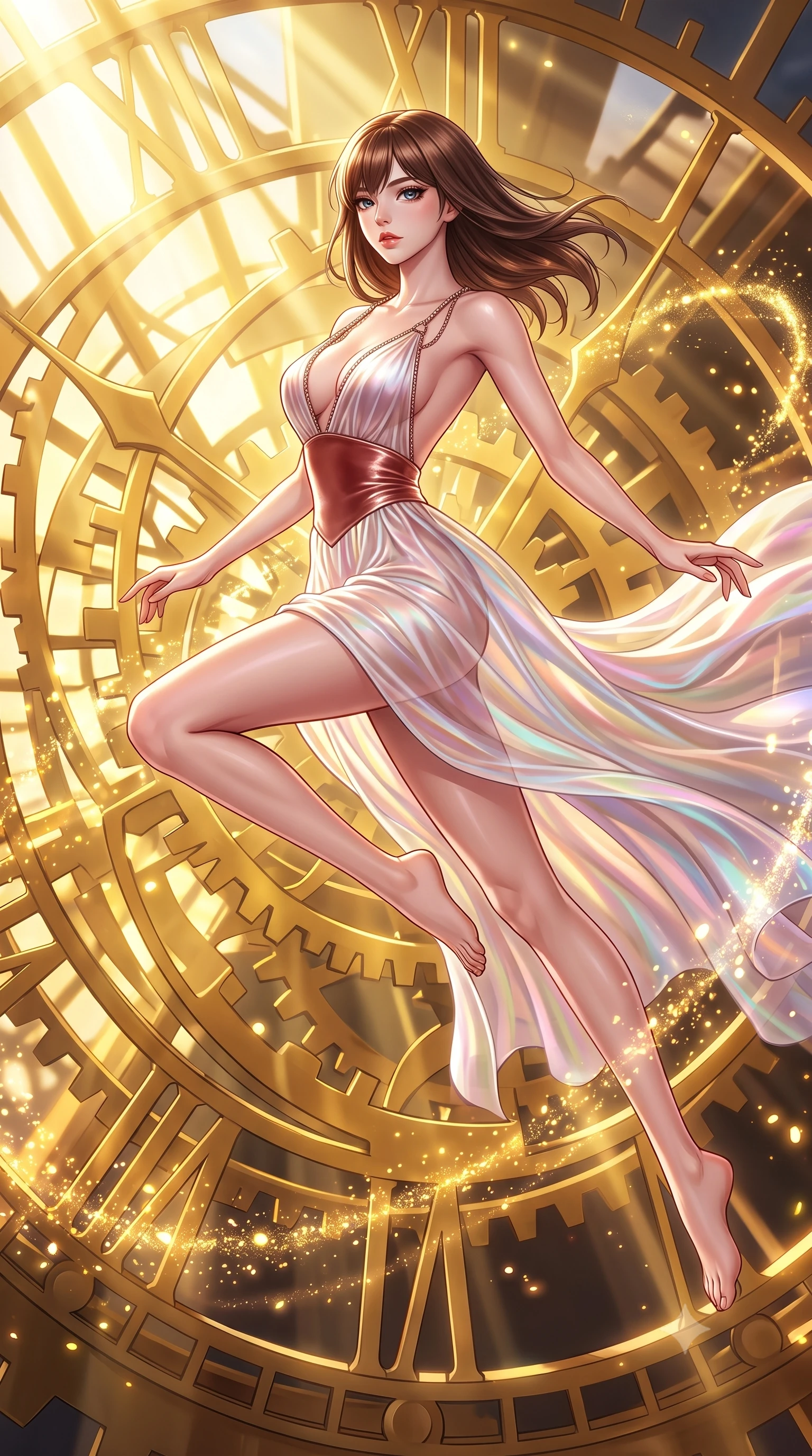 score_9, masterpiece, best quality, ultra-detailed, high-budget anime keyframe, editorial fashion photography, tasteful artistic composition, Korean woman. low angle full-body shot from head to toe showing her feet, filling the entire 9:16 vertical frame with her statuesque presence, stretching her vertical silhouette. leaping gracefully through mid-air with statuesque elegance, her impossibly long slender legs stretched in perfect balance while leaping through intense volumetric sunbeams filtering through a giant golden solar clockwork, glowing solar pollen particles drifting in rapid swirling currents nearby. She has an absolutely perfect, statuesque 8.5-heads proportion, an exceptionally tall and slender model-like female figure with impossibly long slender legs and an ultra-slim waist. sharp v-shaped jawline, high-bridge nose, intricate jewel-like eyes with depth, thick eyelashes, glossy lips with a natural sheen, flawlessly proportioned anatomical accuracy, natural body alignment, perfectly sculpted elegant limbs, clean dynamic posture without body distortion. wearing a translucent iridescent chiffon gown with a plunging neckline and open back in pearl white and rose gold, made of premium stretch velvet with a rich sheen, adorned with delicate metallic chain straps along the neckline, the elegant draped fit framing her graceful clavicle and slender torso. illuminated by a majestic golden key light casting sharp dynamic shadow grids. highly saturated vibrant anime colors, detailed shading with soft gradients, rich glossy textures, high-contrast stereoscopic depth, volumetric dynamic lighting, master piece, 9:16 ratio