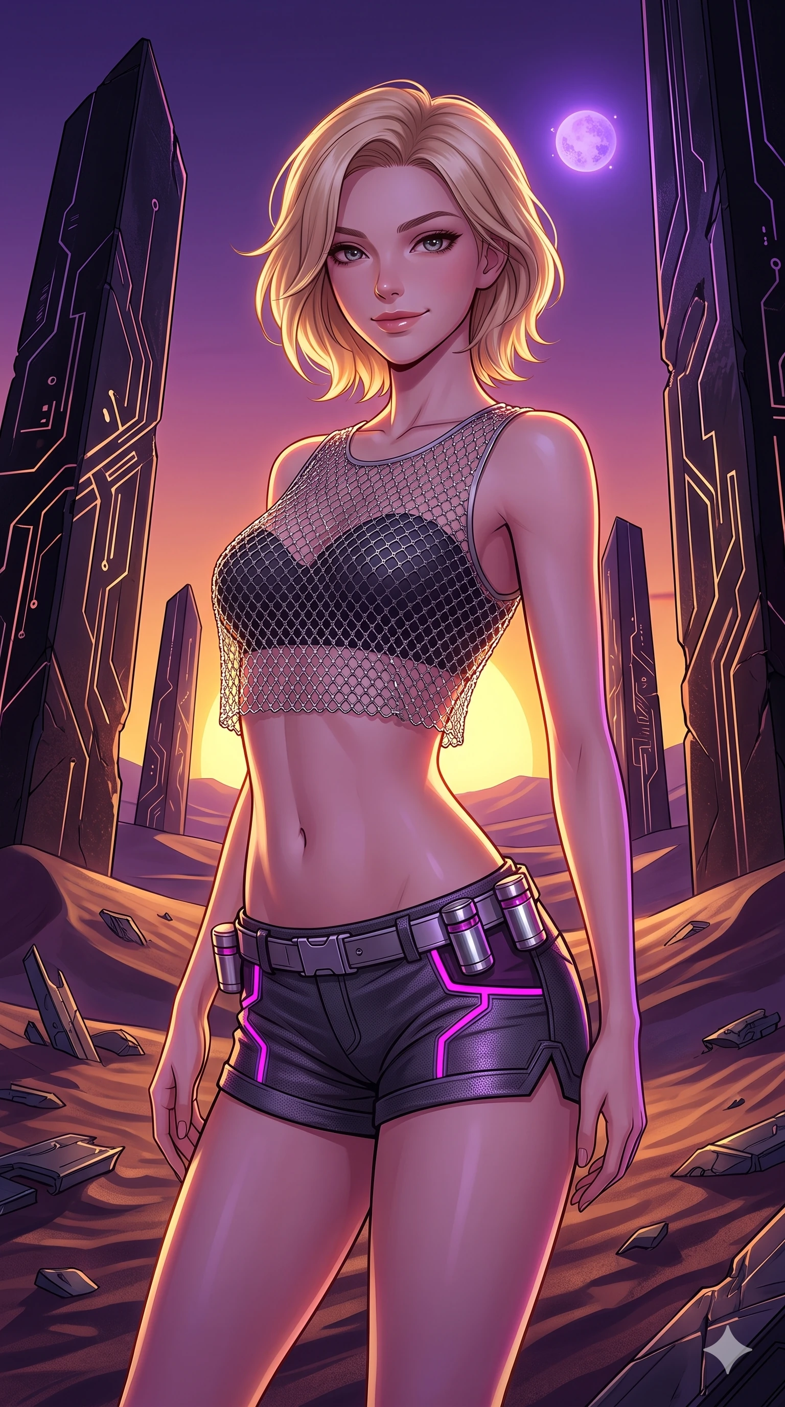 score_9, masterpiece, best quality, ultra-detailed, high-budget anime keyframe, semi-realistic 3D game render, editorial fashion photography, tasteful artistic composition, Caucasian woman. close-up cowboy shot from the waist and thighs up, the character dominates the composition, filling the frame with her large presence. twisting her slender torso in an alluring S-curve, dynamic rim light painting her narrow waist and curvy hips in fire while standing poised between colossal black obsidian monoliths rising from alien dunes, arching her back with sovereign ancient-future grace under twin setting suns. The surrounding environment is rendered in vivid detail and crisp panoramic clarity: sharp alien circuit engravings on polished obsidian stone, sand ripple textures, and metal shard bevels in deep focus. She has an exceptionally elegant, slender, and willowy female figure with an ultra-slim waist, flat toned midriff, narrow ribcage, and sculpted feminine hips creating an alluring, slim hourglass silhouette without bulk. sharp v-shaped jawline, high-bridge nose, intricate jewel-like sparkling eyes with depth, thick eyelashes, glossy parted lips with a natural sheen, bright confident smile with an enchanting and coquettish sensual glint, exuding both youthful magnetic charm and sovereign high-tech allure, flawlessly proportioned anatomical accuracy, strict slender model proportions, natural body alignment, perfectly sculpted long slender limbs, ultra-slim waistline, clean dynamic posture without body distortion. wearing a delicate silver chainmail mesh crop top layered over a sculpted matte black bandeau with low-rise combat shorts in deep titanium gunmetal and radiant magenta neon, woven from high-density tech-wool with subtle metallic thread weave, accented with a sleek utility belt with polished magnetic canisters resting loosely on her curvy hips, the bespoke structured tailoring following the natural line of her 8.5-heads silhouette with refined elegance. bathed in the dramatic dual illumination of a golden-yellow sun and a violet-dwarf companion star creating double rim lights. highly saturated vibrant anime colors, detailed shading with soft gradients, rich glossy textures, high-contrast stereoscopic depth, volumetric dynamic lighting, master piece, 9:16 ratio