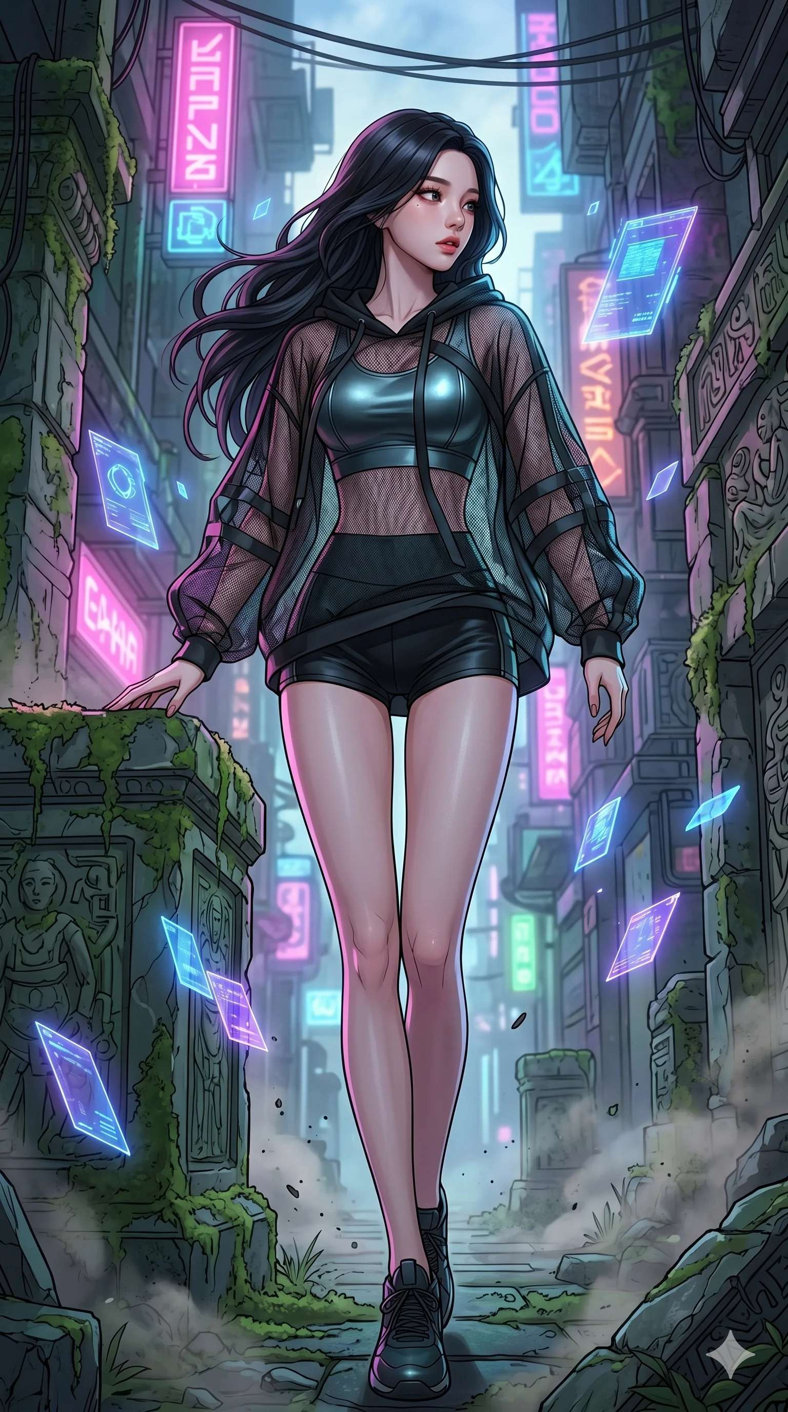 score_9, masterpiece, best quality, ultra-detailed, high-budget anime movie keyframe, cinematic anime lighting, intricate line art, Korean woman. Low angle cowboy shot filling the entire 9:16 frame with her statuesque presence. exploring lost ruins in a neon-lit cyberpunk alleyway surrounded by floating data-shards. She has an absolutely perfect 8-heads proportion, an exceptionally tall and slender female figure with an ultra-slim waist and impossibly long slender legs. sharp v-shaped jawline, high-bridge nose, intricate jewel-like eyes, thick eyelashes, glossy lips. Wearing premium athleisure set with a metallic-finish compression top, high-cut yoga shorts that accentuate her long legs, and a sheer oversized hoodie. The scene is illuminated by dramatic atmospheric lighting and vibrant color palettes. , 2k, ultra detail, master piece, 9:16 ratio