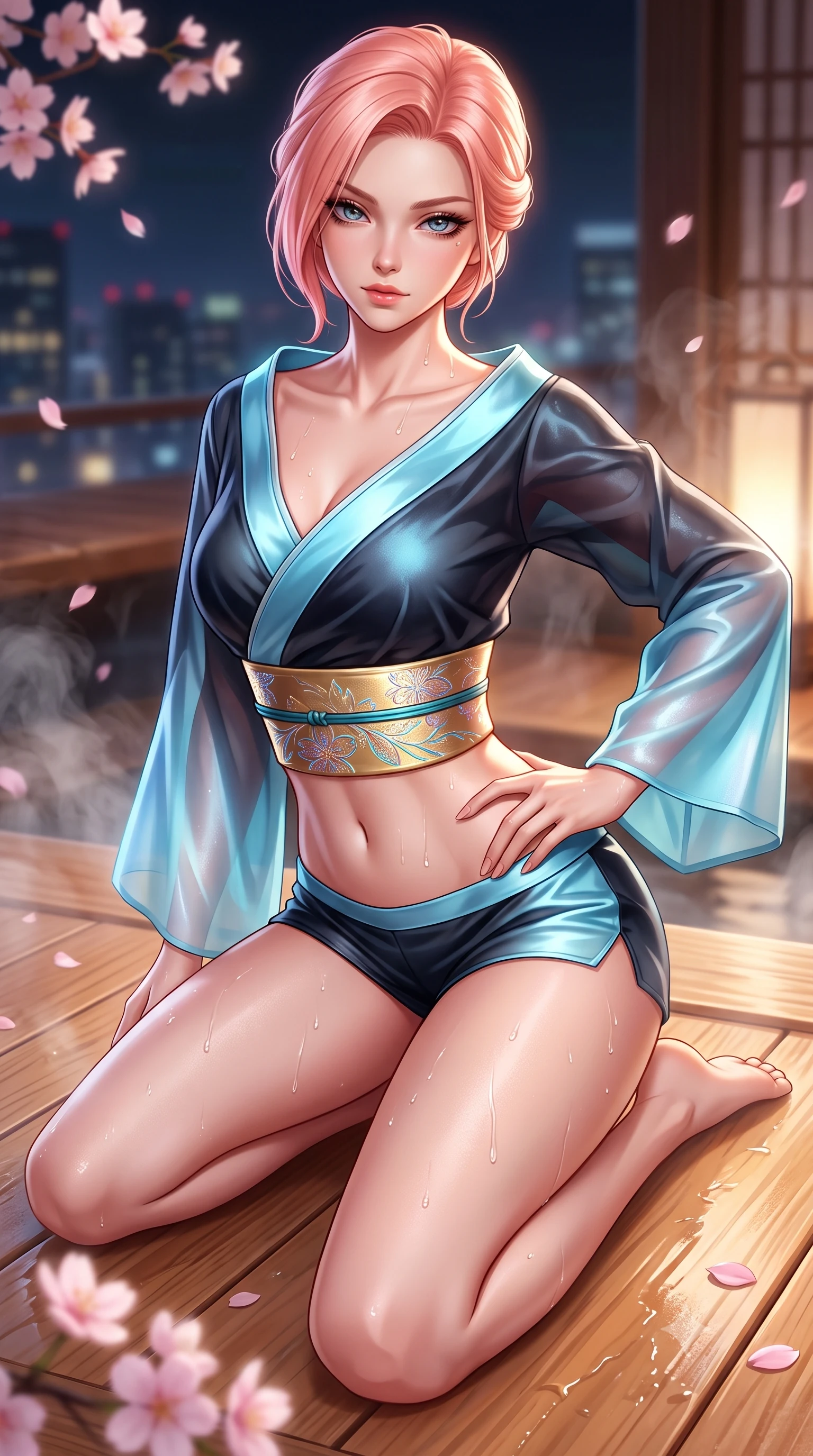 score_9, masterpiece, best quality, ultra-detailed, high-budget anime keyframe, semi-realistic 3D game render, editorial fashion photography, tasteful artistic composition, Japanese woman. close-up cowboy shot from the waist and thighs up, the character dominates the composition, filling the frame with her large presence. leaning back with relaxed seductive grace, her sculpted collarbones and narrow waist highlighted as she casts smoldering bedroom-eyes directly into the camera while kneeling gracefully on the warm wet cedar deck, one hand resting on her bare hip as thermal steam caresses her feminine curves. The surrounding environment is rendered in vivid detail and crisp panoramic clarity. sharp wet hinoki wood grain, distinct water droplet tracks on skin, and delicate cherry blossom petals in deep focus. She has an exceptionally elegant, slender, and willowy female figure with an ultra-slim waist, a gracefully sculpted slender torso, toned flat midriff, and rounded feminine hips creating an alluring hourglass silhouette. sharp v-shaped jawline, high-bridge nose, intricate jewel-like eyes with depth, thick eyelashes, glossy parted lips with a natural sheen, intensely captivating and seductive bedroom-eyes expression, flawlessly proportioned anatomical accuracy, strict slender model proportions, natural body alignment, perfectly sculpted long slender limbs, ultra-slim waistline, clean dynamic posture without body distortion. wearing a modern shortened cyber-yukata crop top with wide fluttering sleeves and low-slung silk swim shorts in dark ink-wash black and radiant moonlight cyan, crafted from traditional Korean gossamer silk organza with pearlescent luster, complemented by a wide metallic gold obi sash with holographic floral embroidery, the form-contouring material adhering flawlessly to her sculpted flat midriff and slender torso, emphasizing her long leg lines and perfectly proportioned willowy build. surrounded by an intimate, tranquil, and deeply sensual Japanese skylounge muse aura. highly saturated vibrant anime colors, detailed shading with soft gradients, rich glossy textures, high-contrast stereoscopic depth, volumetric dynamic lighting, master piece, 9:16 ratio