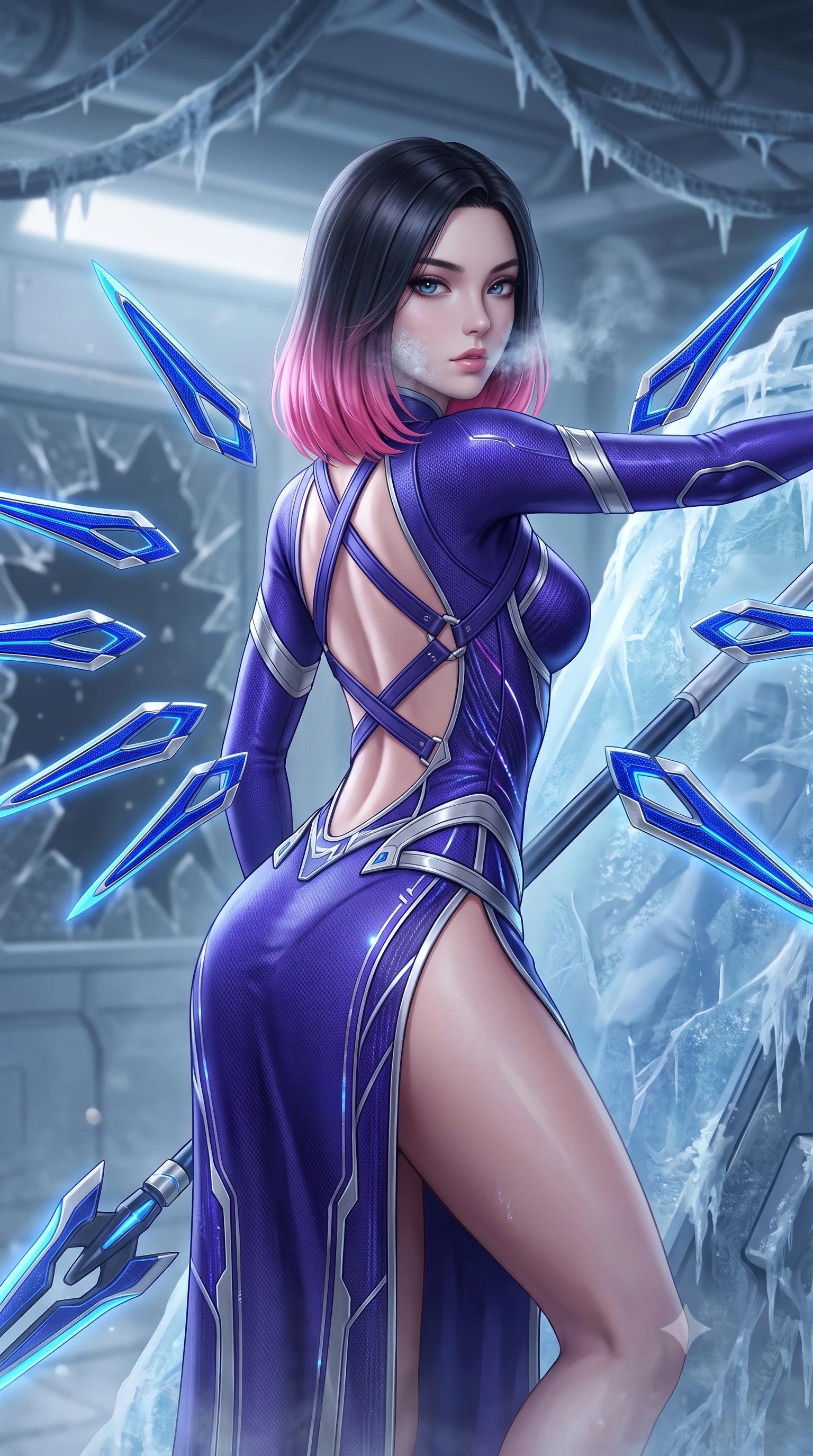 score_9, masterpiece, best quality, ultra-detailed, high-budget anime keyframe, semi-realistic 3D game render, editorial fashion photography, tasteful artistic composition, Korean woman. close-up cowboy shot from the waist and thighs up, the character dominates the composition, filling the frame with her large presence. stretching forward with an alluring arch of her spine, glancing over her shoulder with divine self-assurance and magnetic intensity while resting against a frozen stasis pod with the spear grounded, casting a cool, smoldering gaze through ice-crystal mist. The composition keeps background elements in soft focus with creamy bokeh. shattered security barriers and overhead frosted conduits softened in quiet atmospheric focus. She has an exceptionally elegant, slender, and willowy female figure with an ultra-slim waist, a gracefully sculpted slender torso, toned flat midriff, and a refined slim silhouette. sharp v-shaped jawline, high-bridge nose, intricate jewel-like eyes with depth, thick eyelashes, glossy lips with a natural sheen, flawlessly proportioned anatomical accuracy, strict slender model proportions, natural body alignment, perfectly sculpted long slender limbs, ultra-slim waistline, clean dynamic posture without body distortion. wearing a precision-fitted royal purple carbon-fiber battle-dress with high-slit tactical skirt and silver accents, directing eight floating nano-crystal funnel blades with sovereign gestures in electric cobalt blue carbon with polished platinum trim, crafted from semi-translucent cybernetic carbon-vinyl interwoven with glowing micro-filaments, complemented by criss-cross back harness straps highlighting her completely bare spine, the glove-like aerodynamic second-skin fit tightly clinging to her ultra-slender waist and athletic curves without adding bulk, accentuating her razor-sharp statuesque lines and slim hourglass silhouette. surrounded by a cool, lethal, and breathtakingly alluring frost-goddess special-operative aura. rich saturated anime colors with glowing neon highlights, detailed shading with soft gradients, rich glossy textures, high-contrast stereoscopic depth, volumetric dynamic lighting, master piece, 9:16 ratio