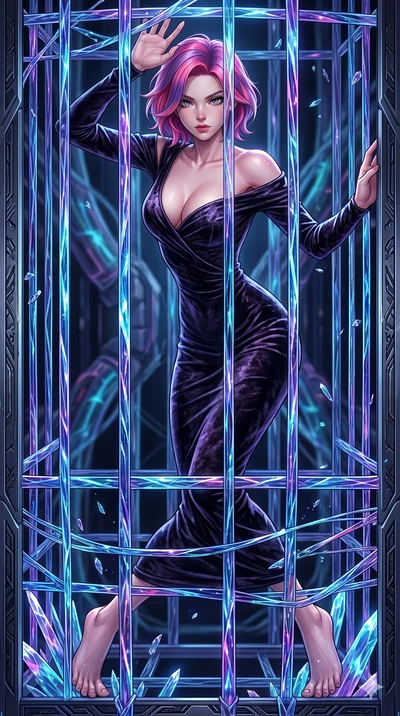 score_9, masterpiece, best quality, ultra-detailed, High-budget Anime Keyframe, East Asian woman. Dynamic full-body shot stretching the vertical silhouette to the limit. Scenario 132: Trapped in a cage of glowing crystalline fibers, body pressing aga